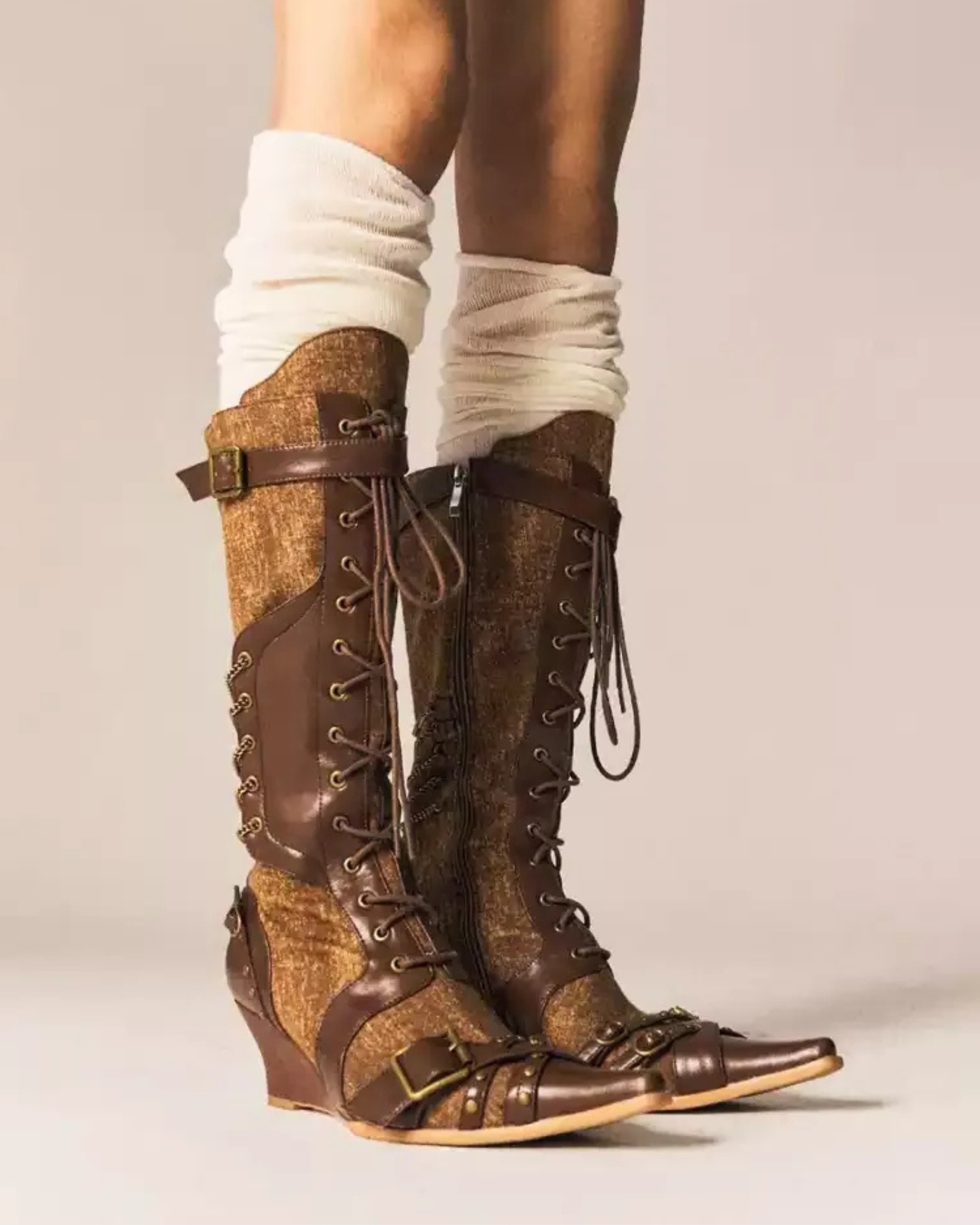 Luella Lace Up Buckle Cowboy  Boots In Brown