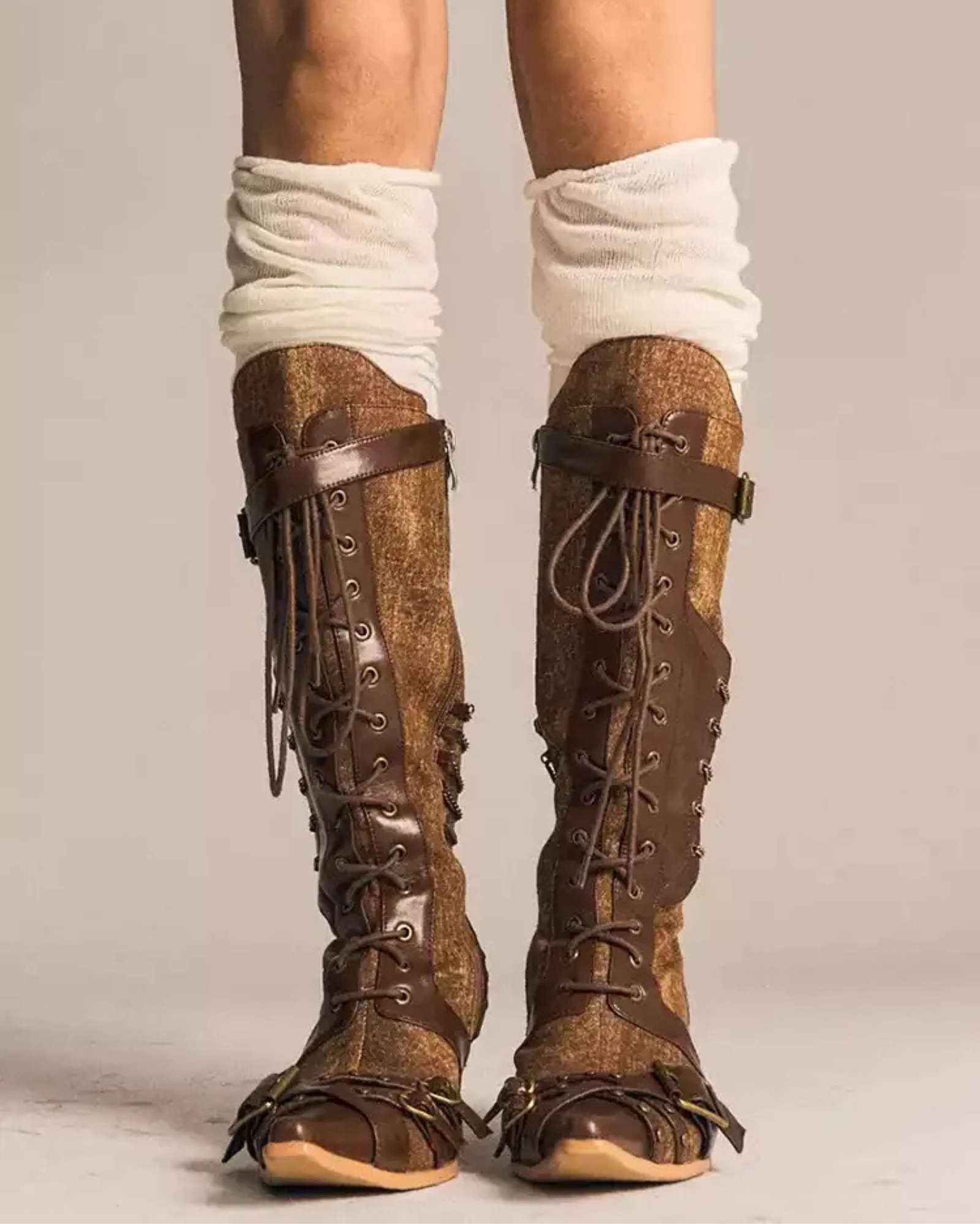 Luella Lace Up Buckle Cowboy  Boots In Brown