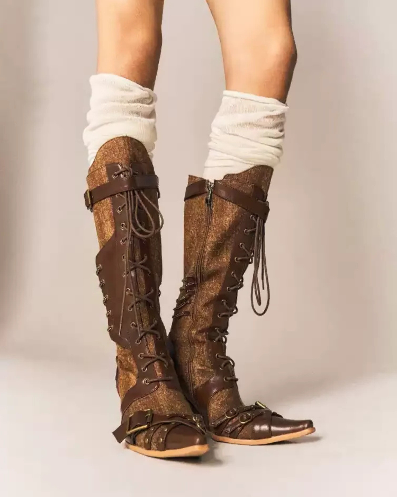 Luella Lace Up Buckle Cowboy  Boots In Brown