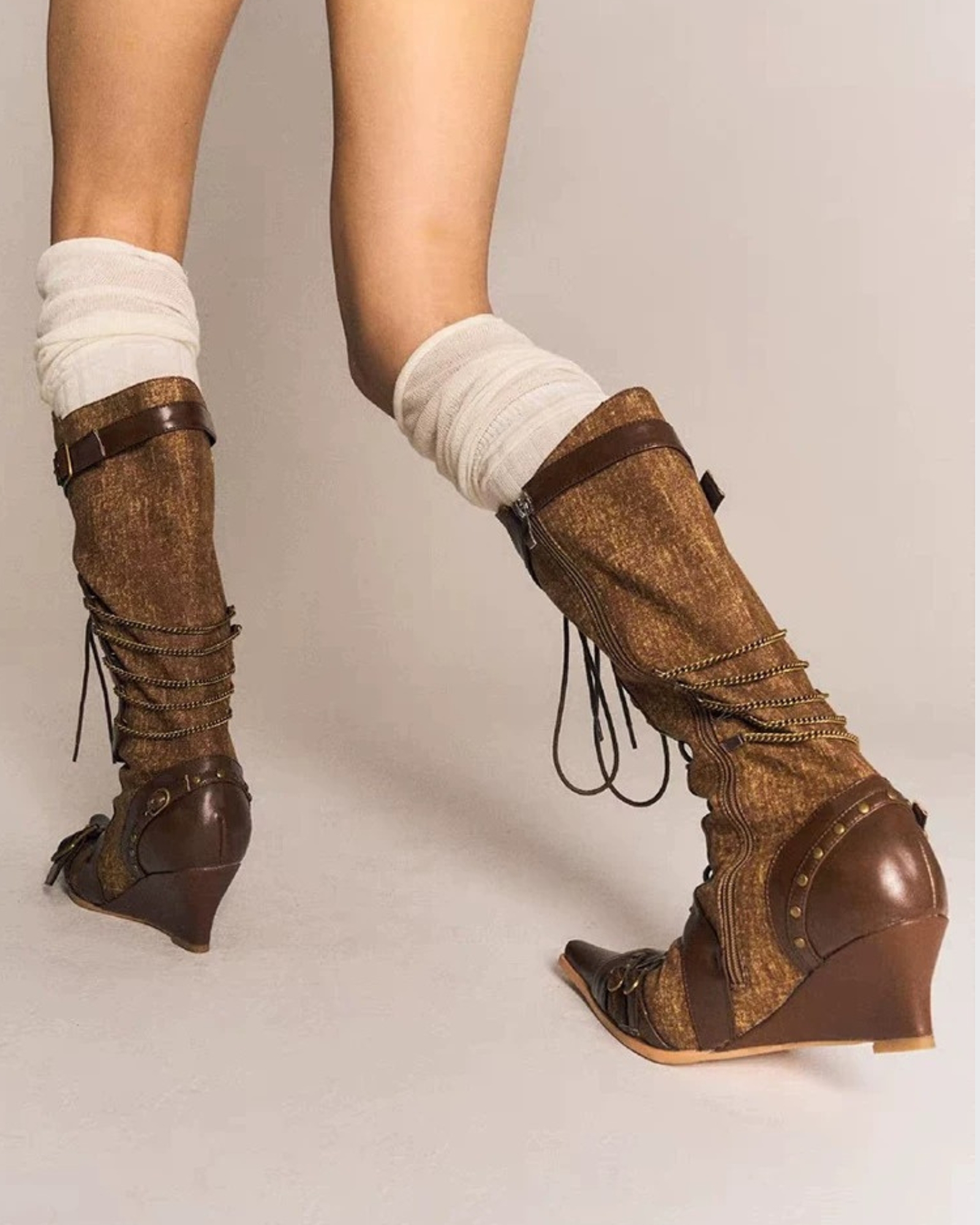 Luella Lace Up Buckle Cowboy  Boots In Brown