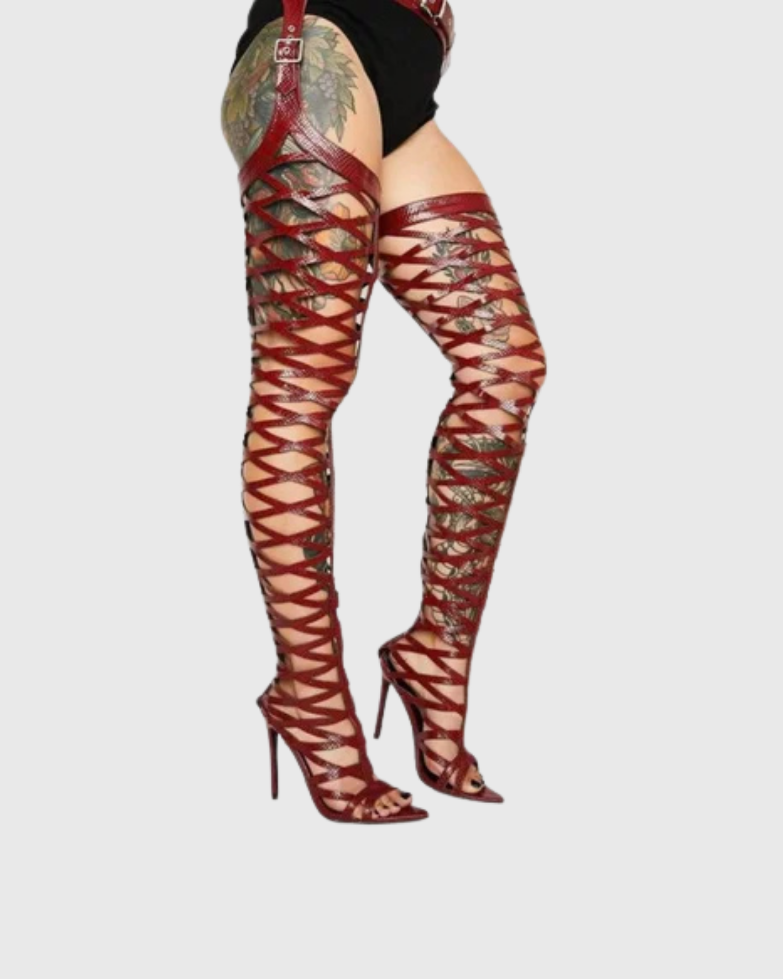 Dafne Belted Thigh High Gladiator Sandals In Red