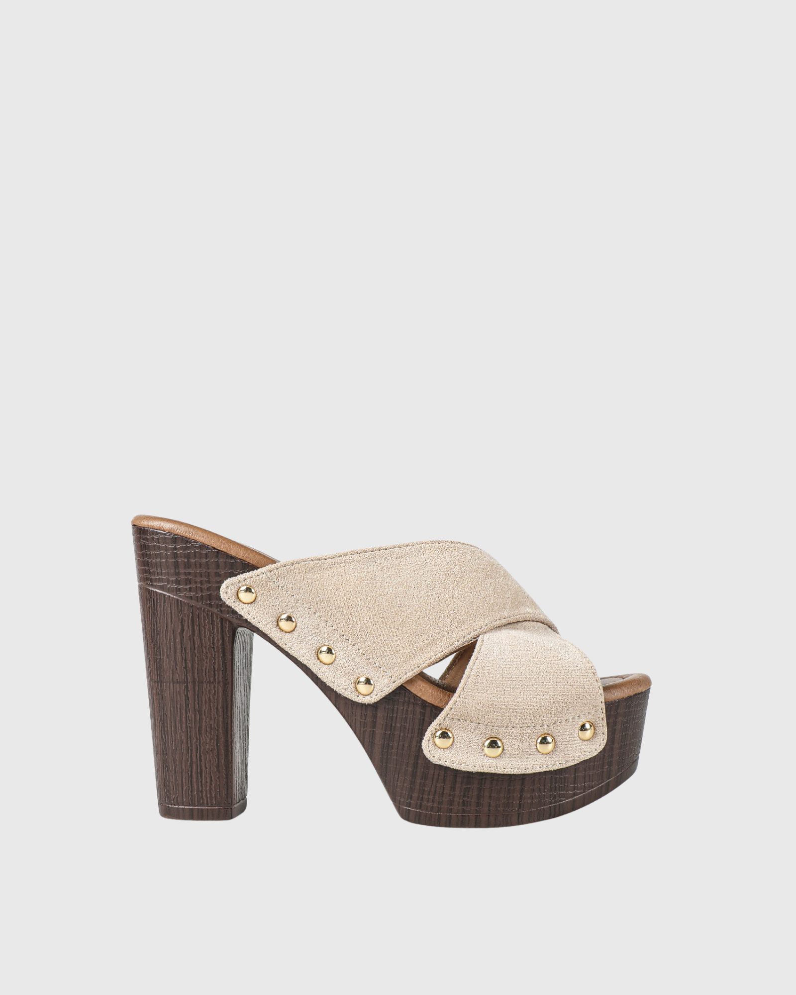 Hartley Studded Cross Strap Clog Wedge Heels In Beige