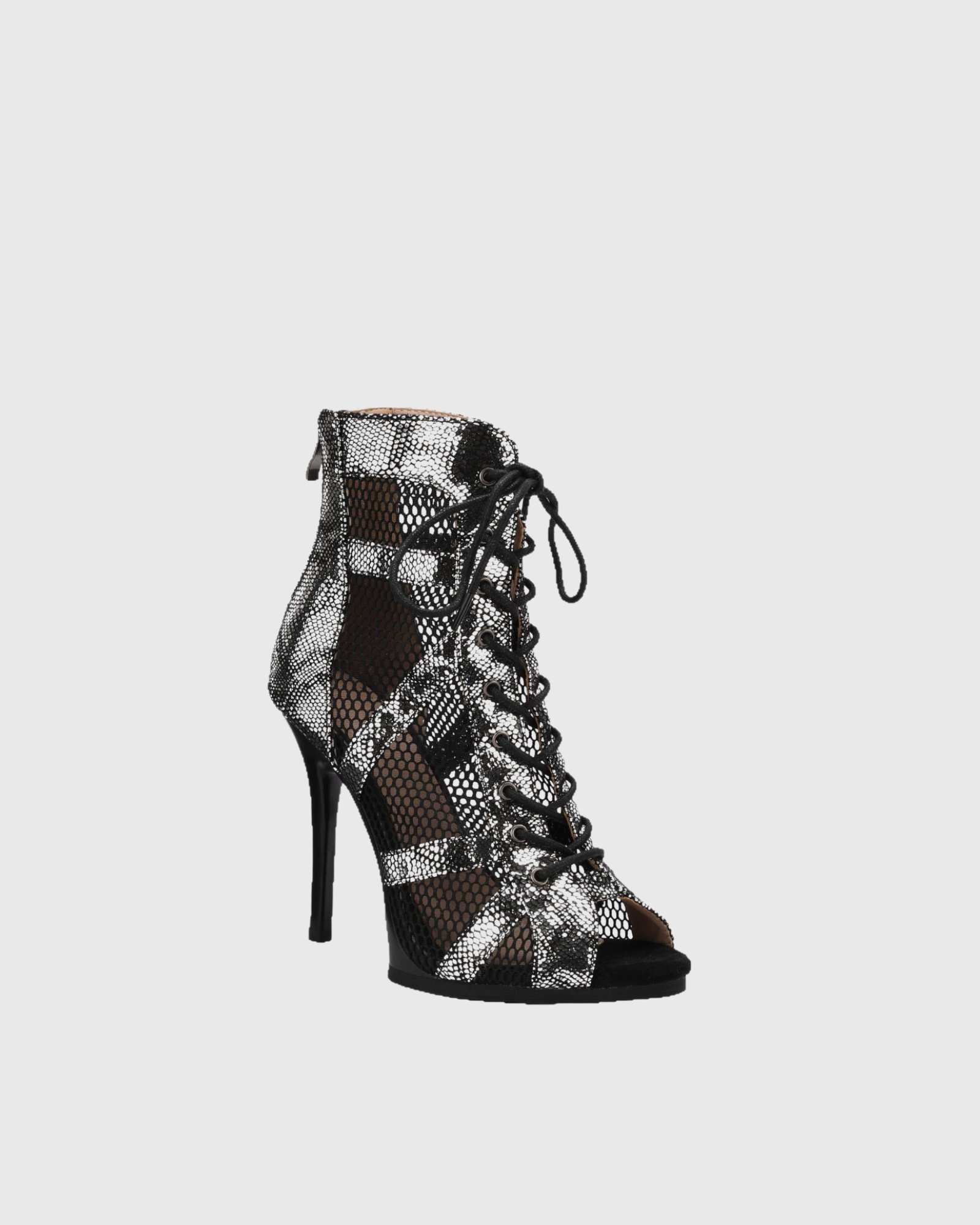 Emilia Mesh Lace Up Open Toe Snake Print Dance Boots