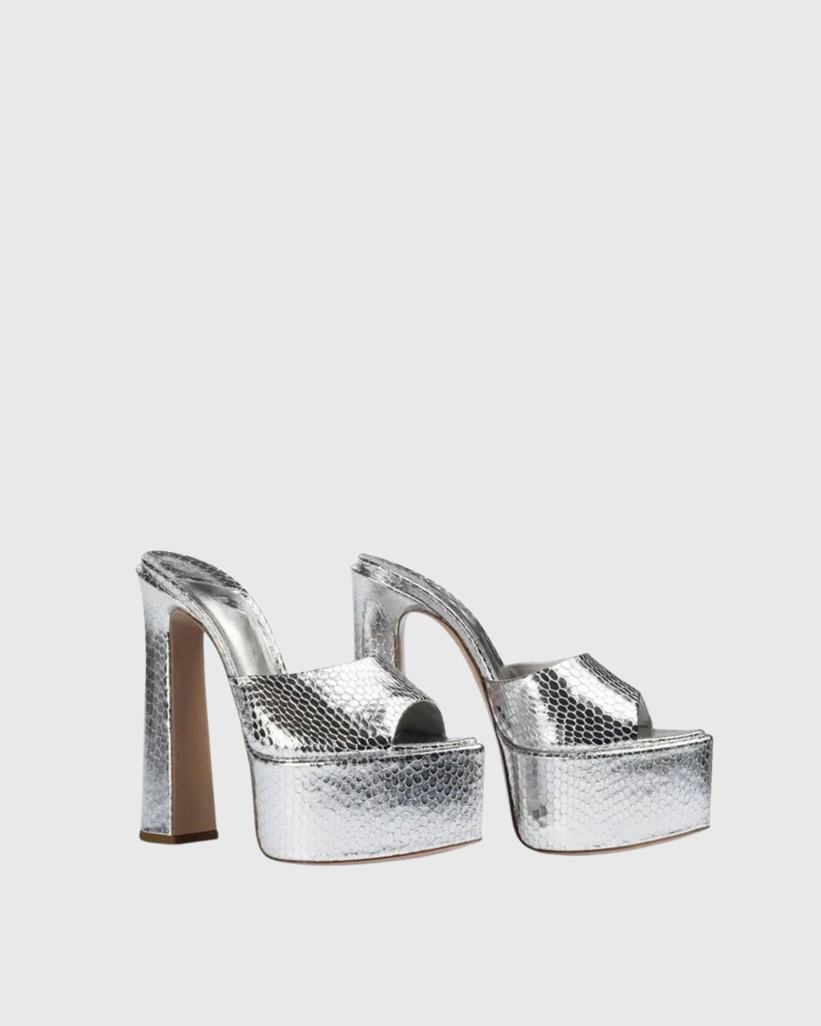 Mila	Snake Platform Mules In Silver