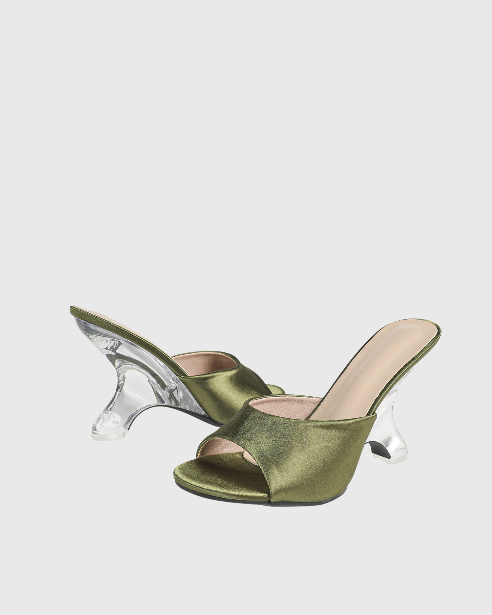 Ismira Open Toe Satin Mules In Olive Green