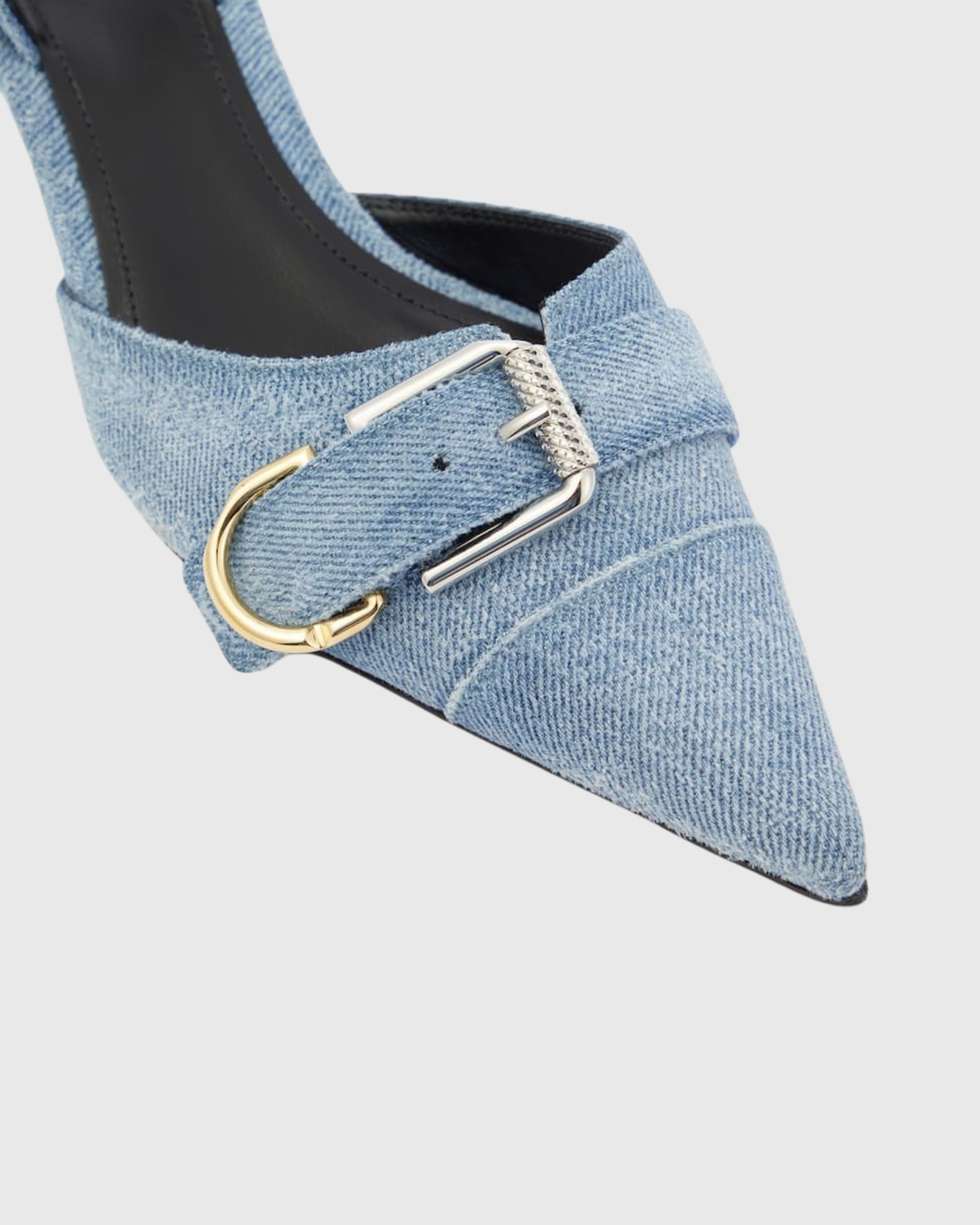 Gwendolyn Denim Buckle Heels In Light Blue