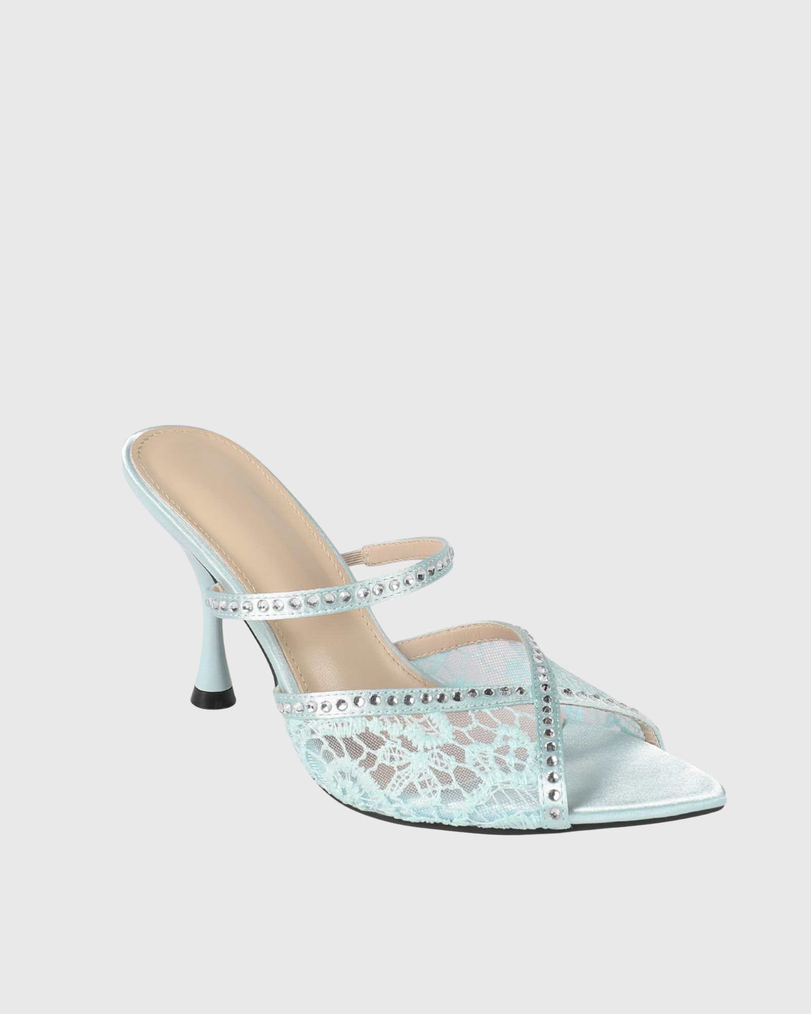 Senira Lace Rhinestone Mules In Light Blue