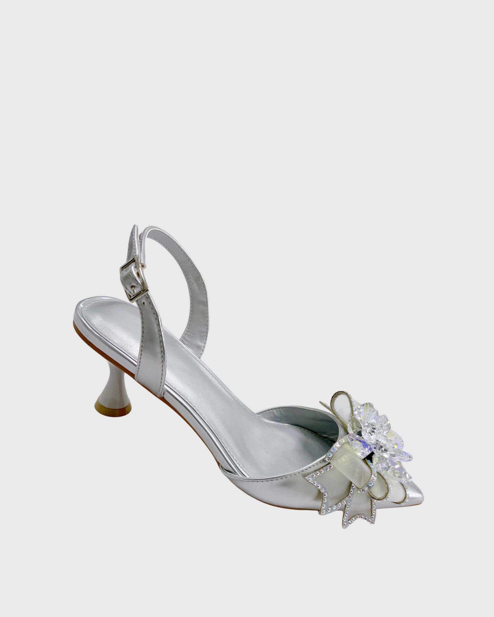 Rita Crystal Flower Slingback Kitten Heels In Silver