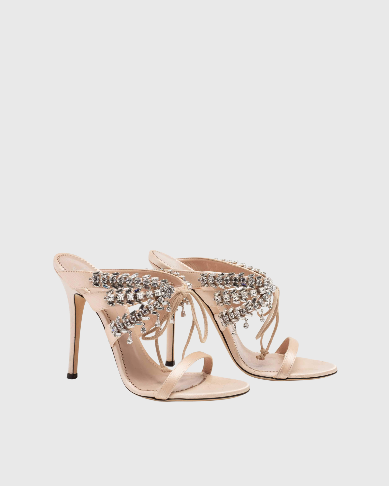Quinn Ruched Rhinestone Satin Sandals In Beige