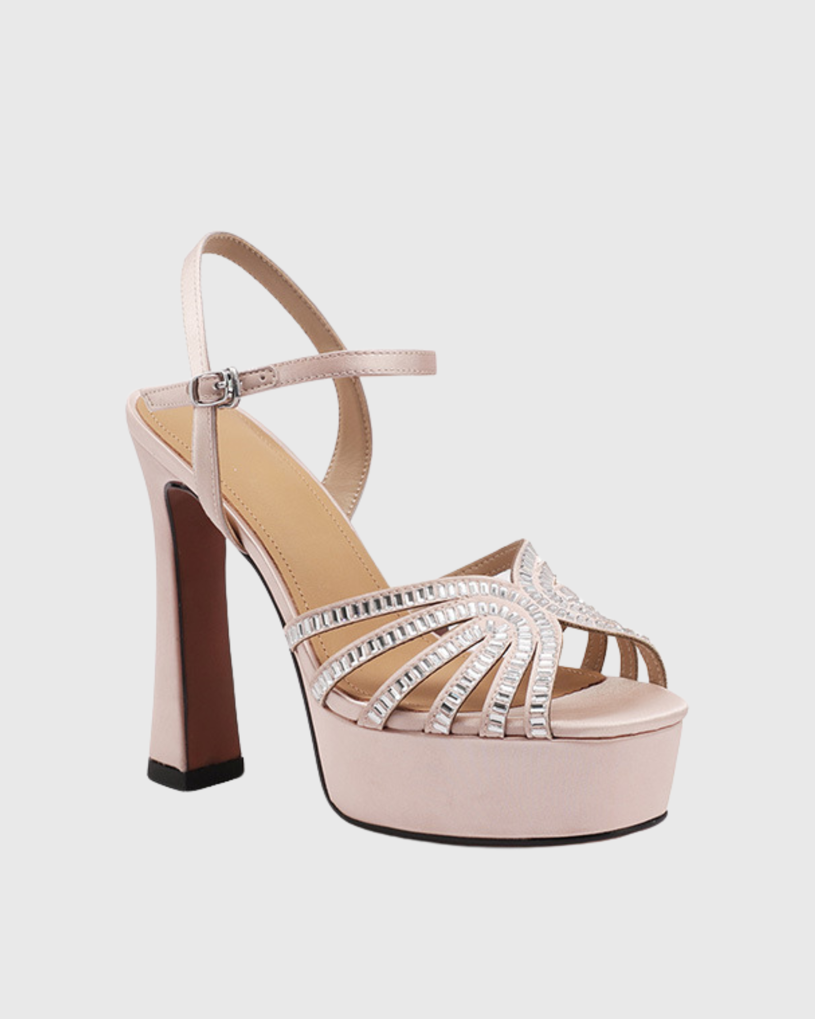 Harper Platform Rhinestone Satin Sandals In Beige