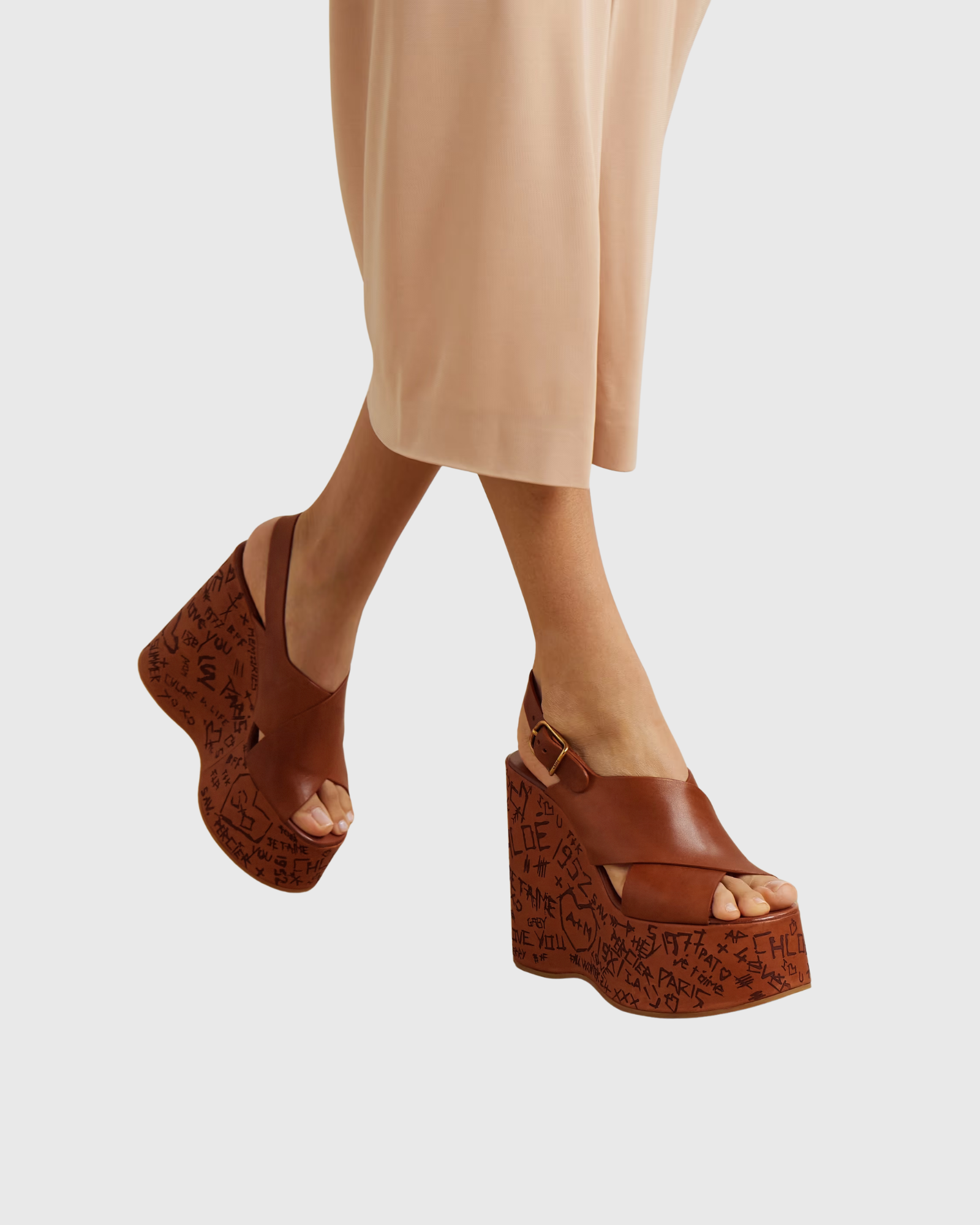 Celestia Graffiti Platform Wedge Sandals In Caramel