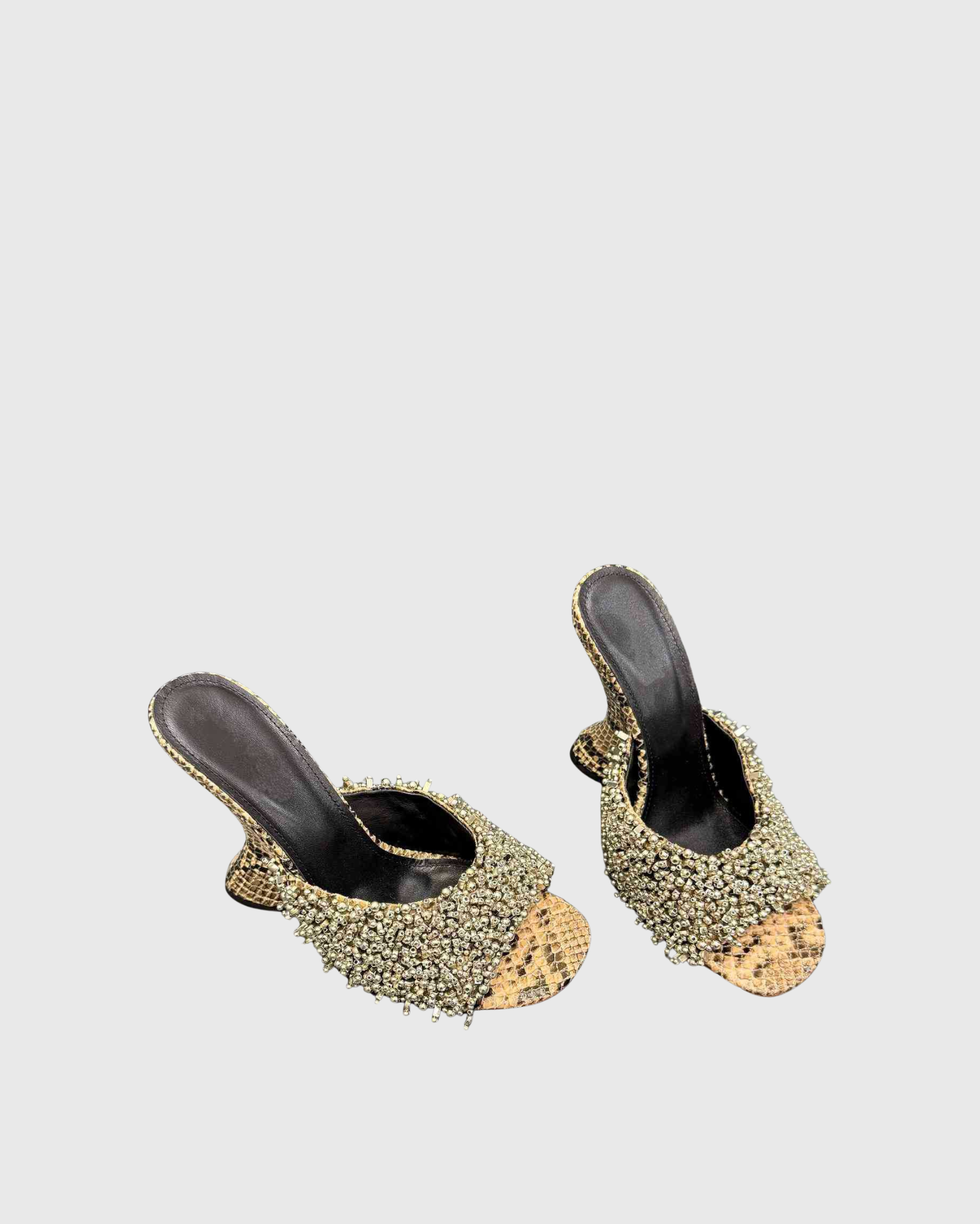 Alma Beads Snake Print Wedge Mules In Beige
