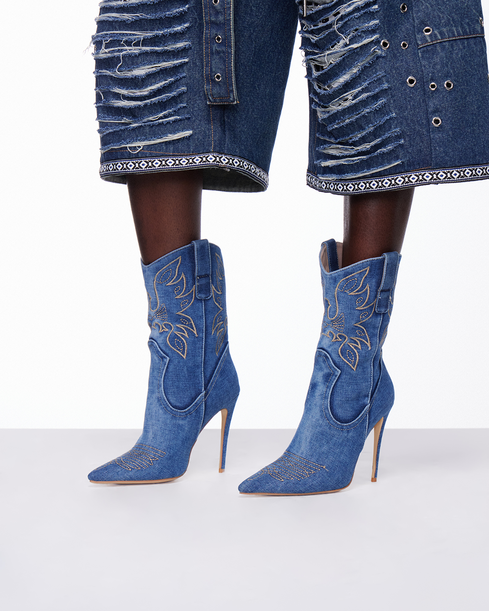 Cinzia Embroidery Denim Cowboy Mid Calf Boots