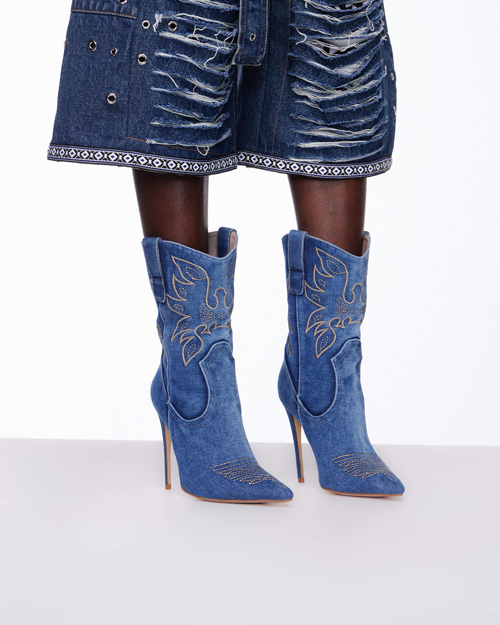 Cinzia Embroidery Denim Cowboy Mid Calf Boots
