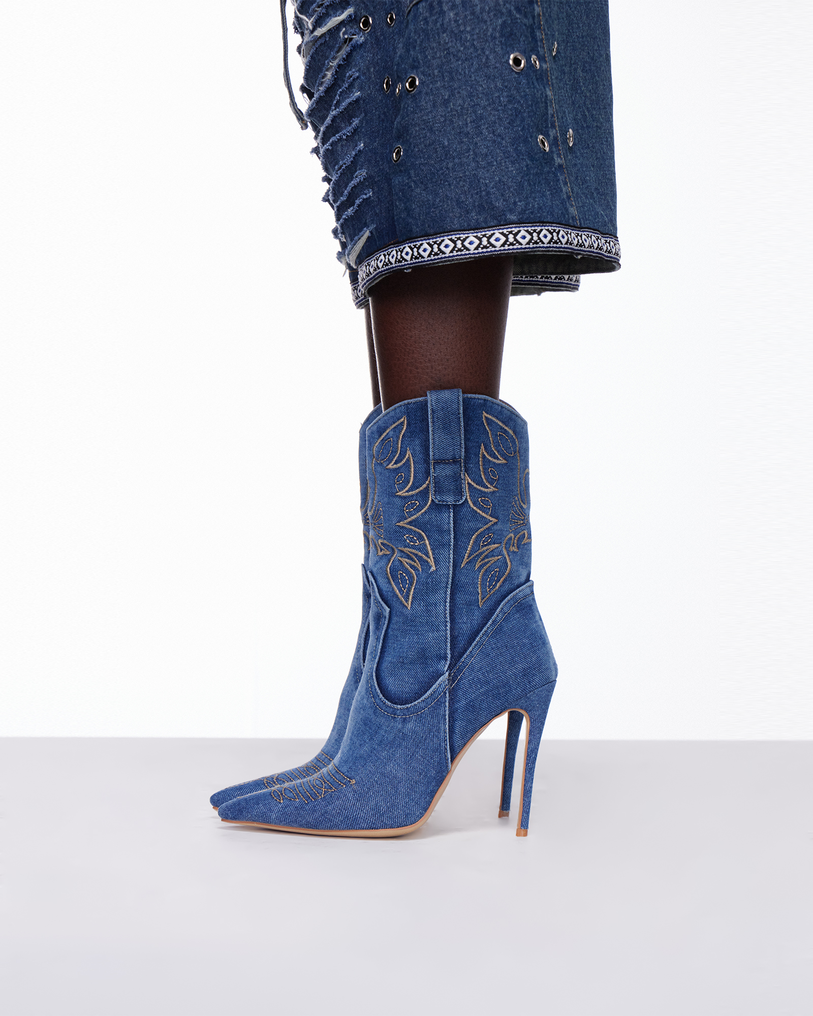 Cinzia Embroidery Denim Cowboy Mid Calf Boots