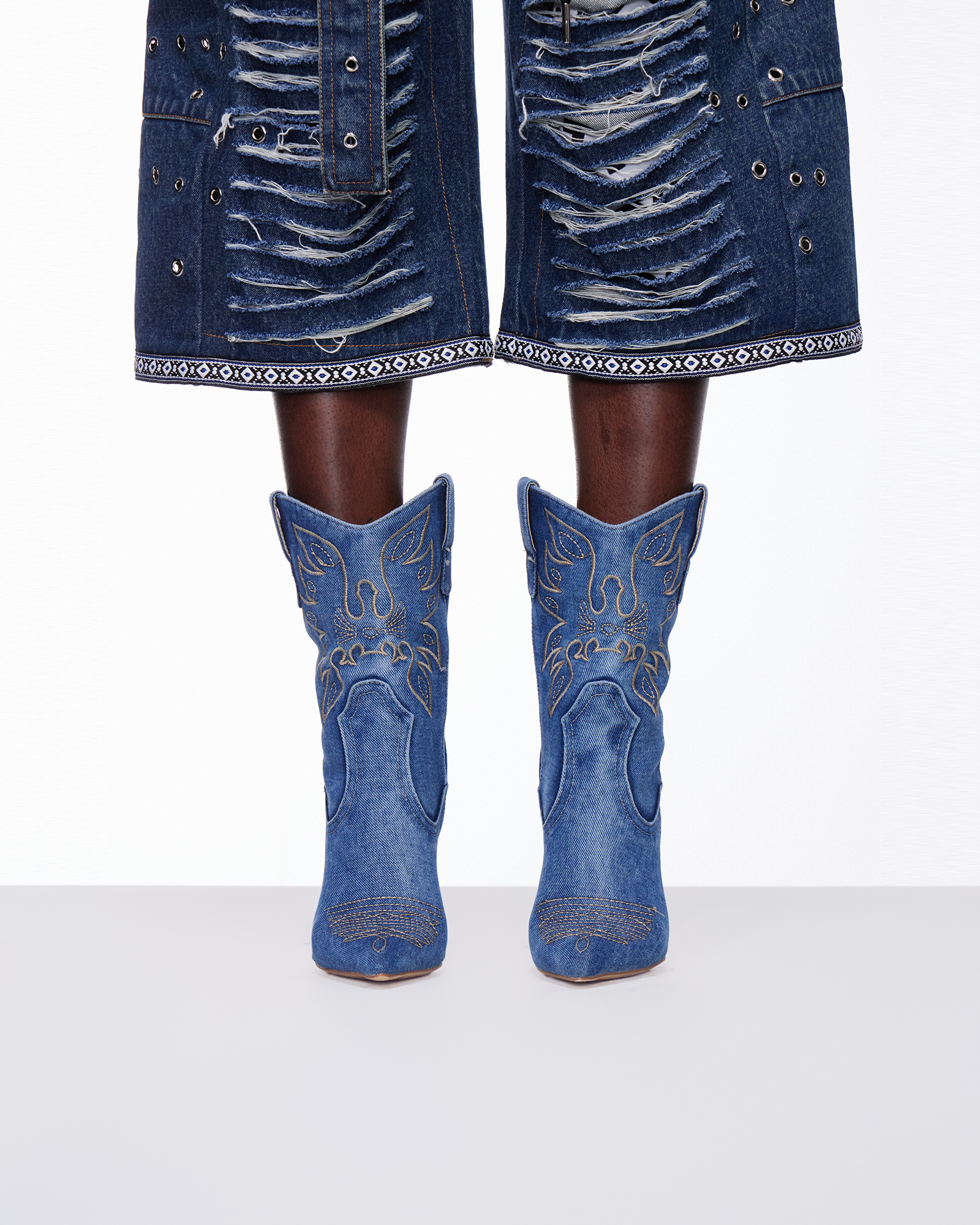 Cinzia Embroidery Denim Cowboy Mid Calf Boots