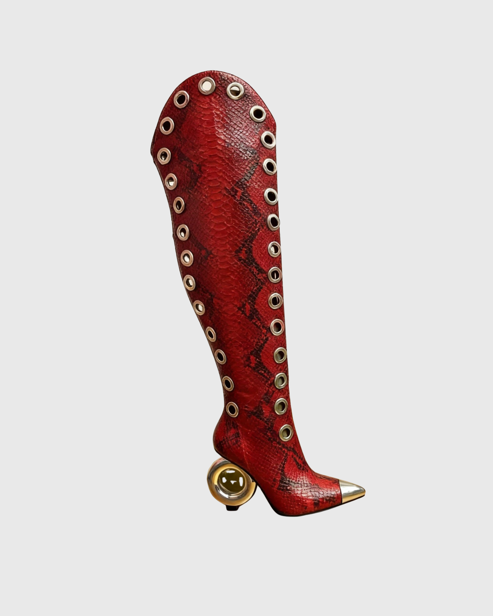 Julie Eyelet Snake Pattern Knee High Boots In Red