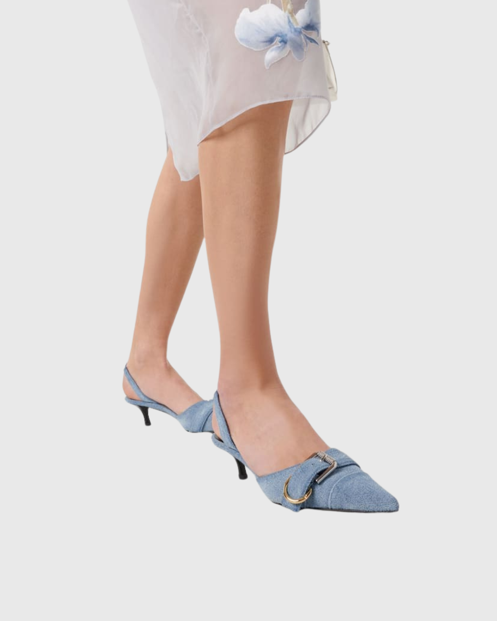 Gwendolyn Denim Buckle Heels In Light Blue