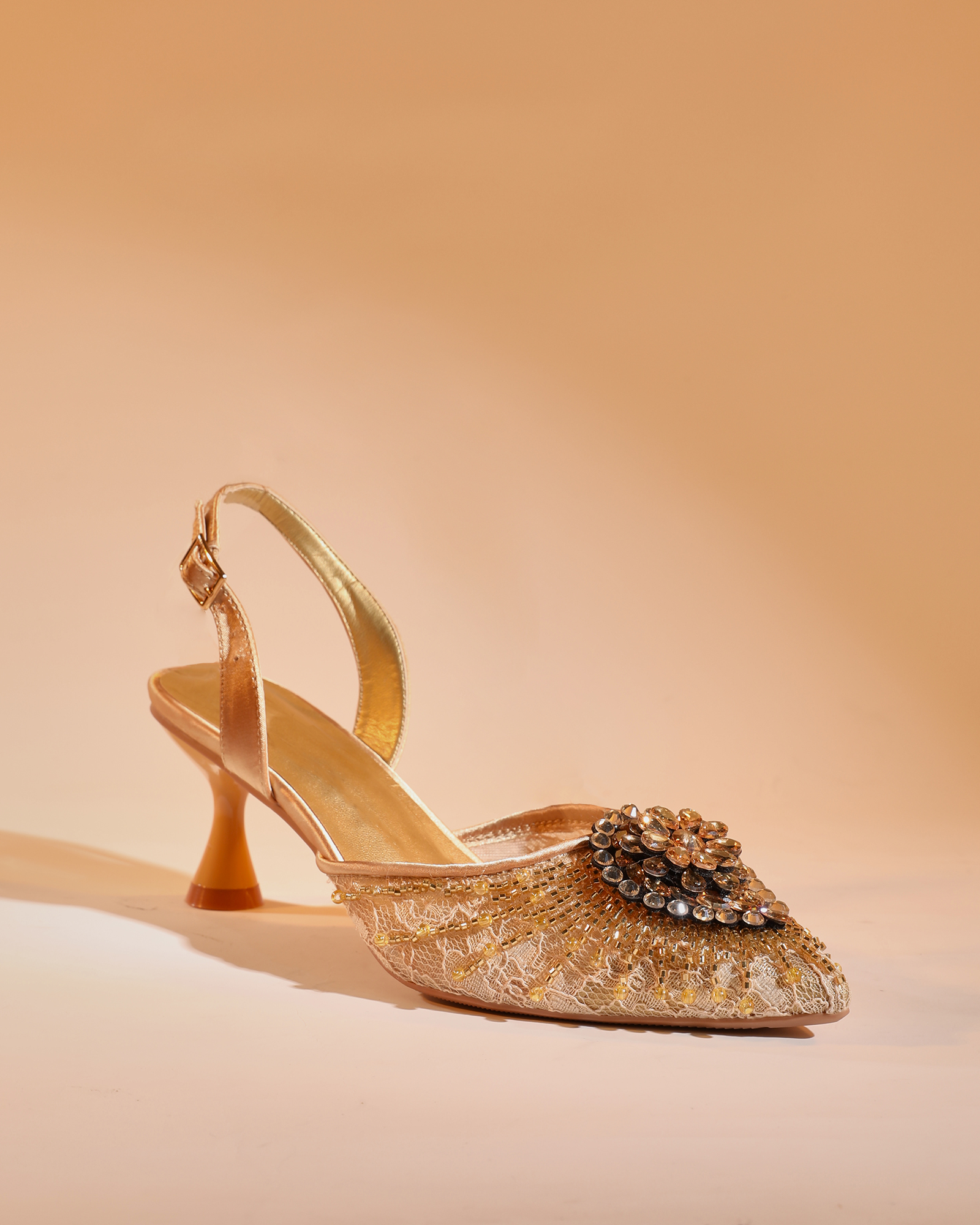 Hadil Rhinestone Slingback Flared Heels in Gold