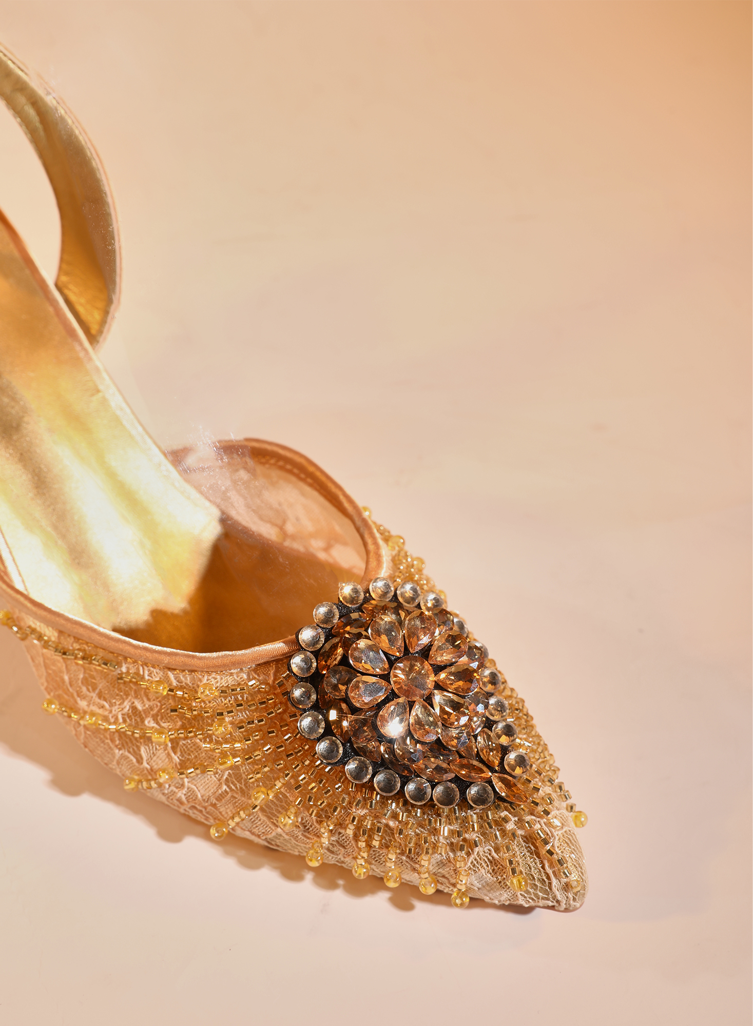 Hadil Rhinestone Slingback Flared Heels in Gold
