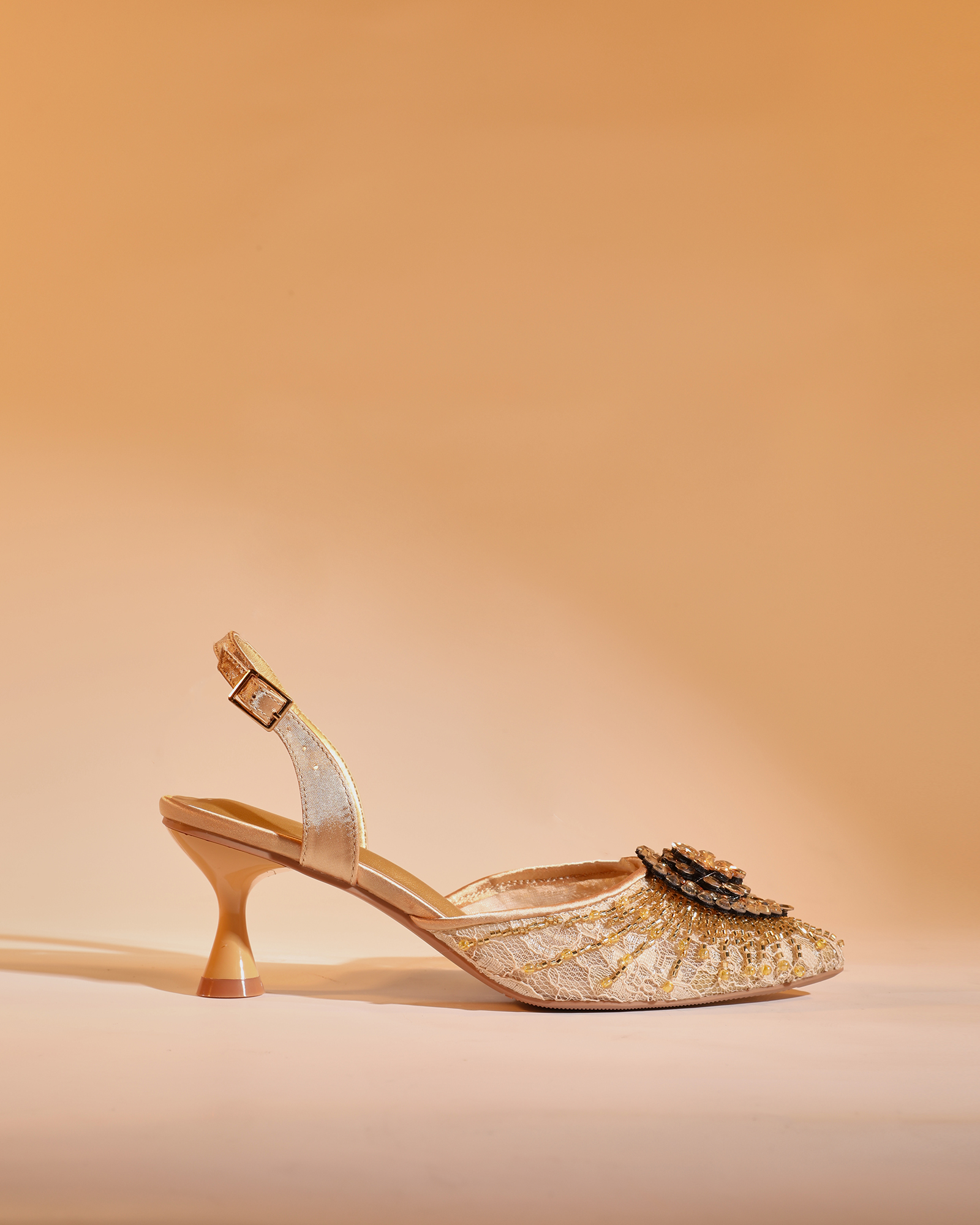 Hadil Rhinestone Slingback Flared Heels in Gold