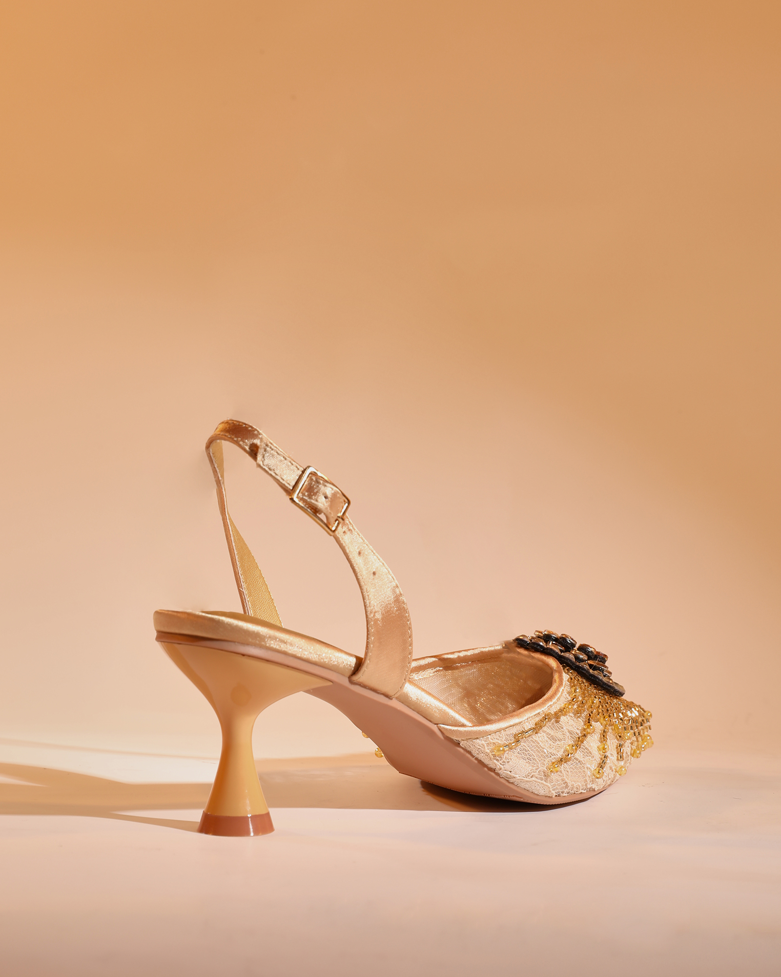 Hadil Rhinestone Slingback Flared Heels in Gold