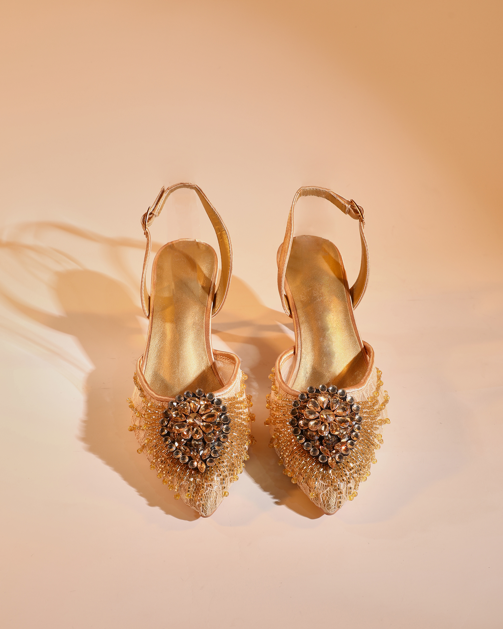 Hadil Rhinestone Slingback Flared Heels in Gold