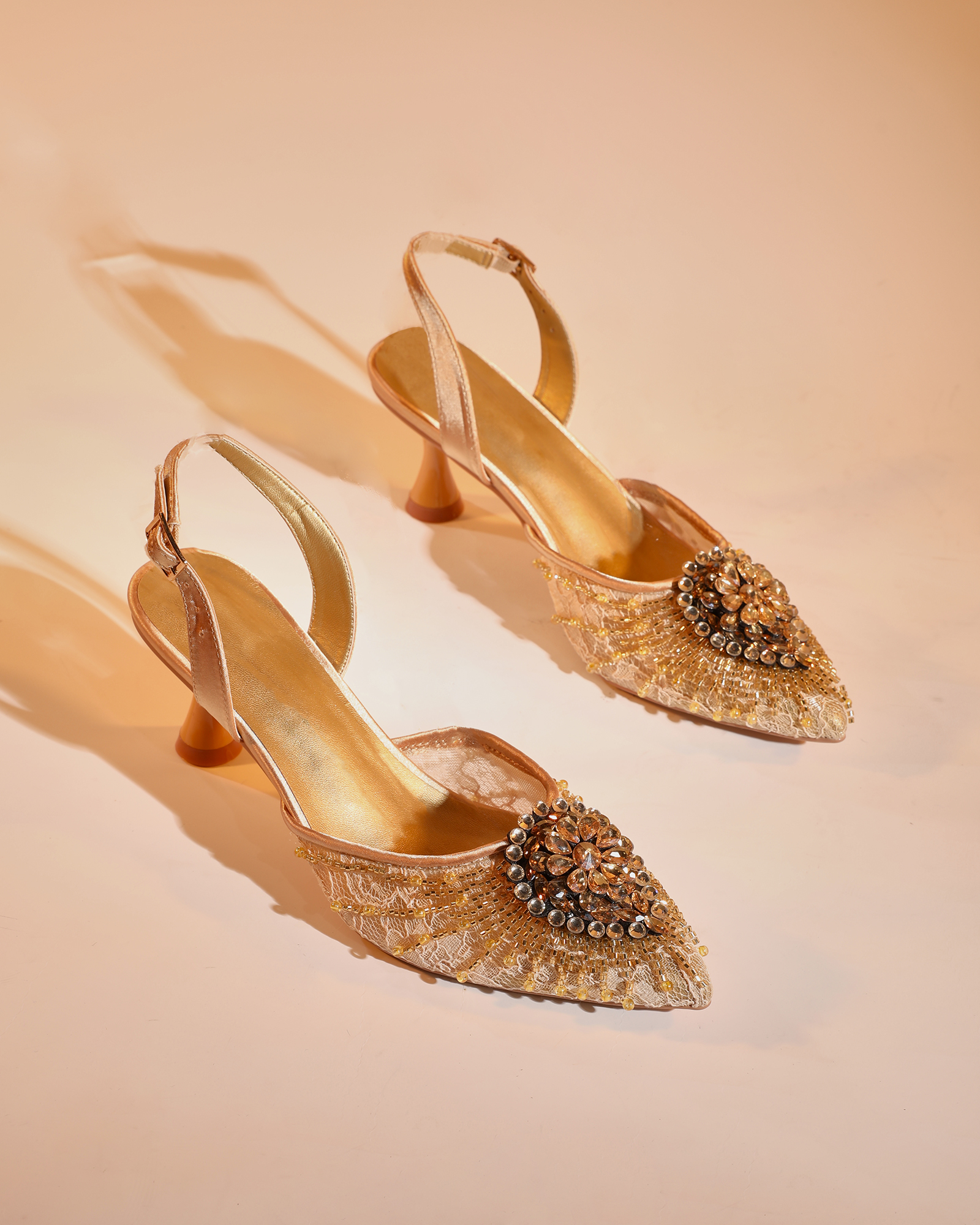 Hadil Rhinestone Slingback Flared Heels in Gold