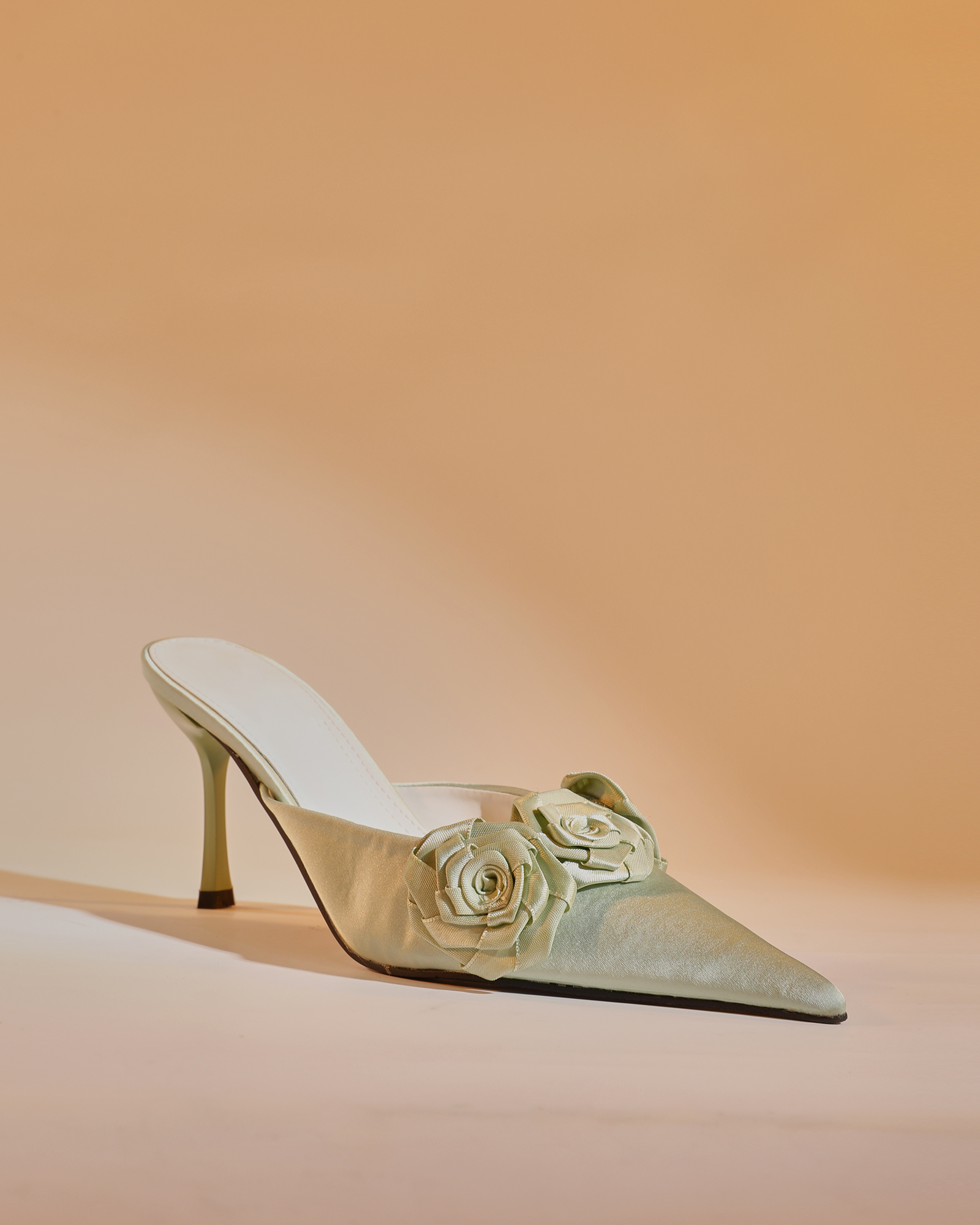 Yanaba Flower Satin Mules In Chartreuse