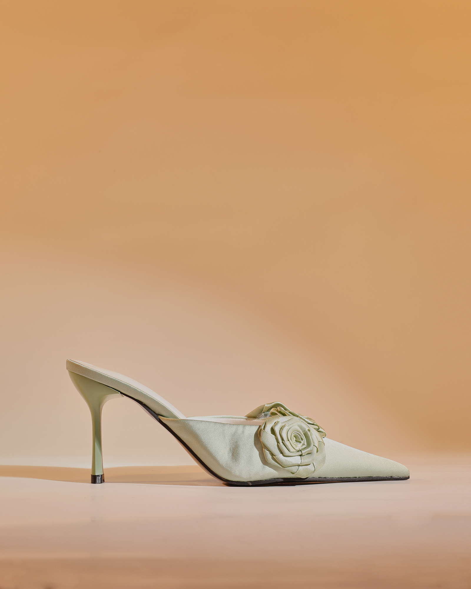 Yanaba Flower Satin Mules In Chartreuse