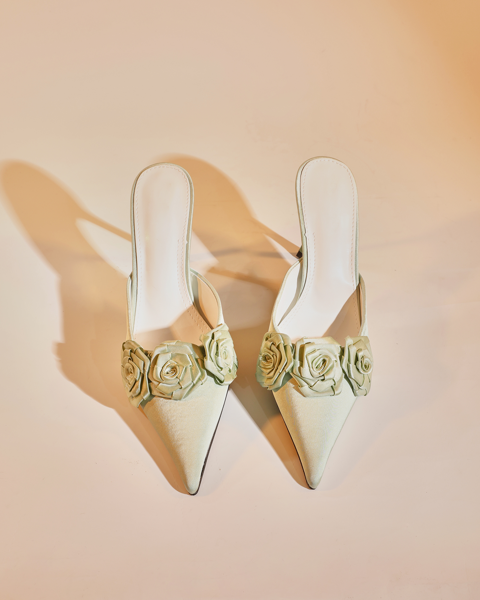 Yanaba Flower Satin Mules In Chartreuse