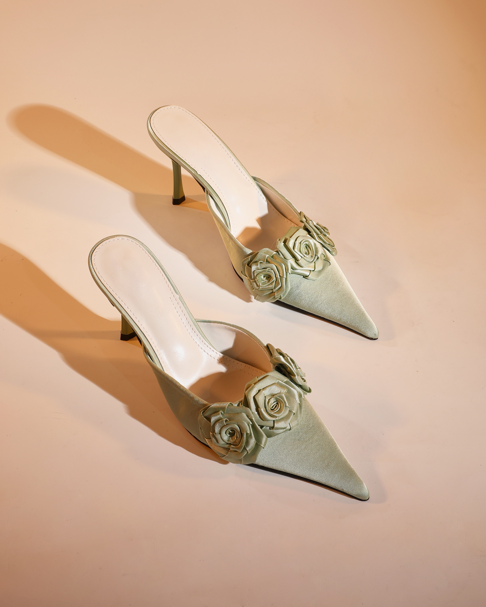 Yanaba Flower Satin Mules In Chartreuse