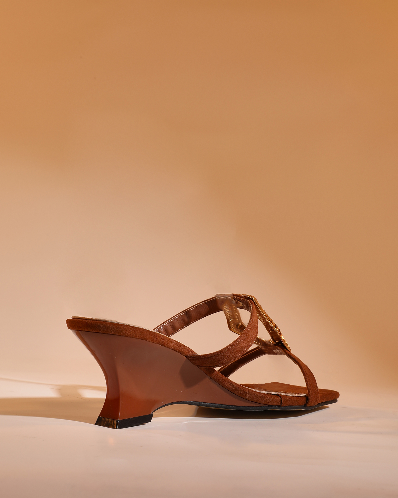 Haf Metal Buckle Wedge Mules In Mocha