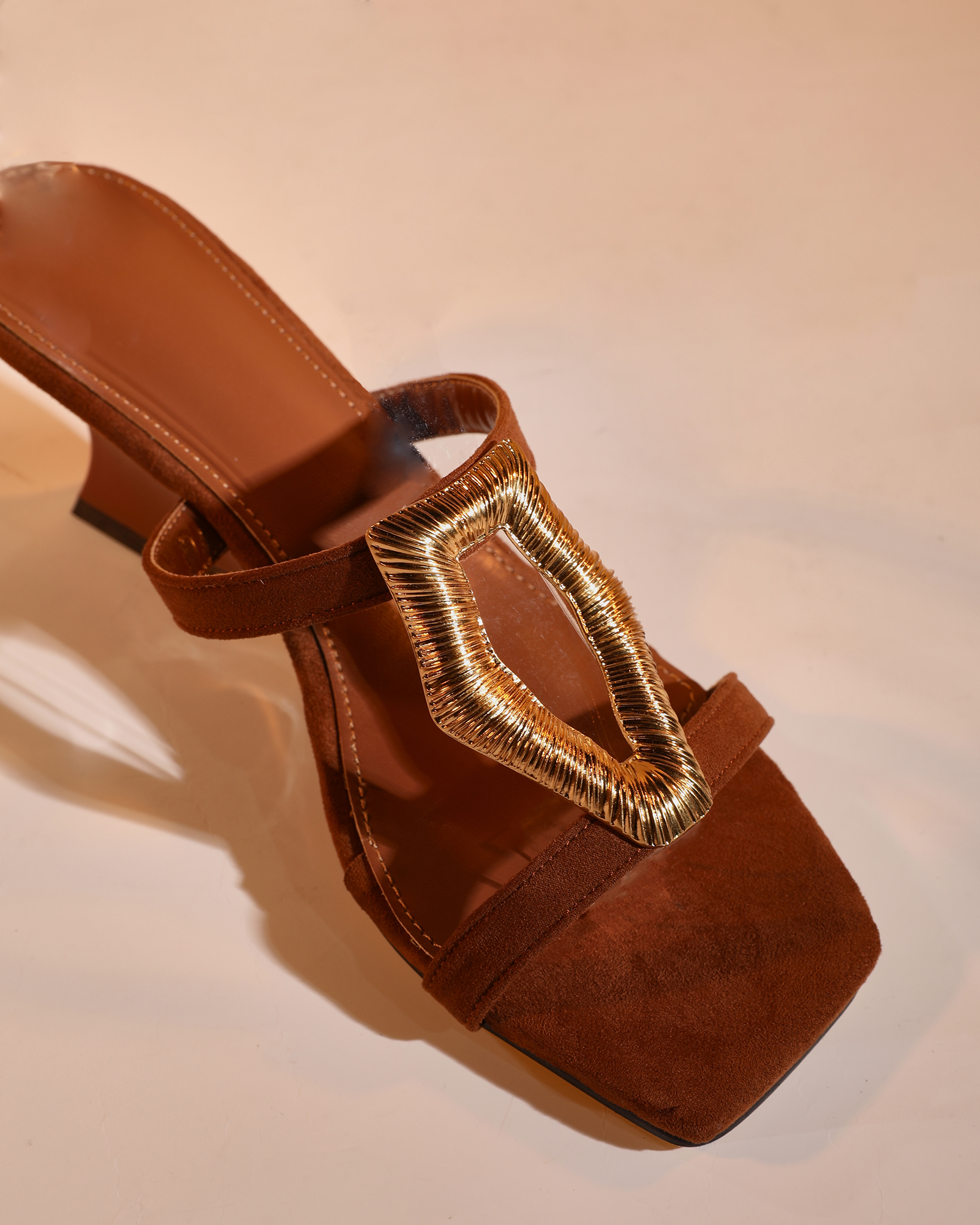 Haf Metal Buckle Wedge Mules In Mocha