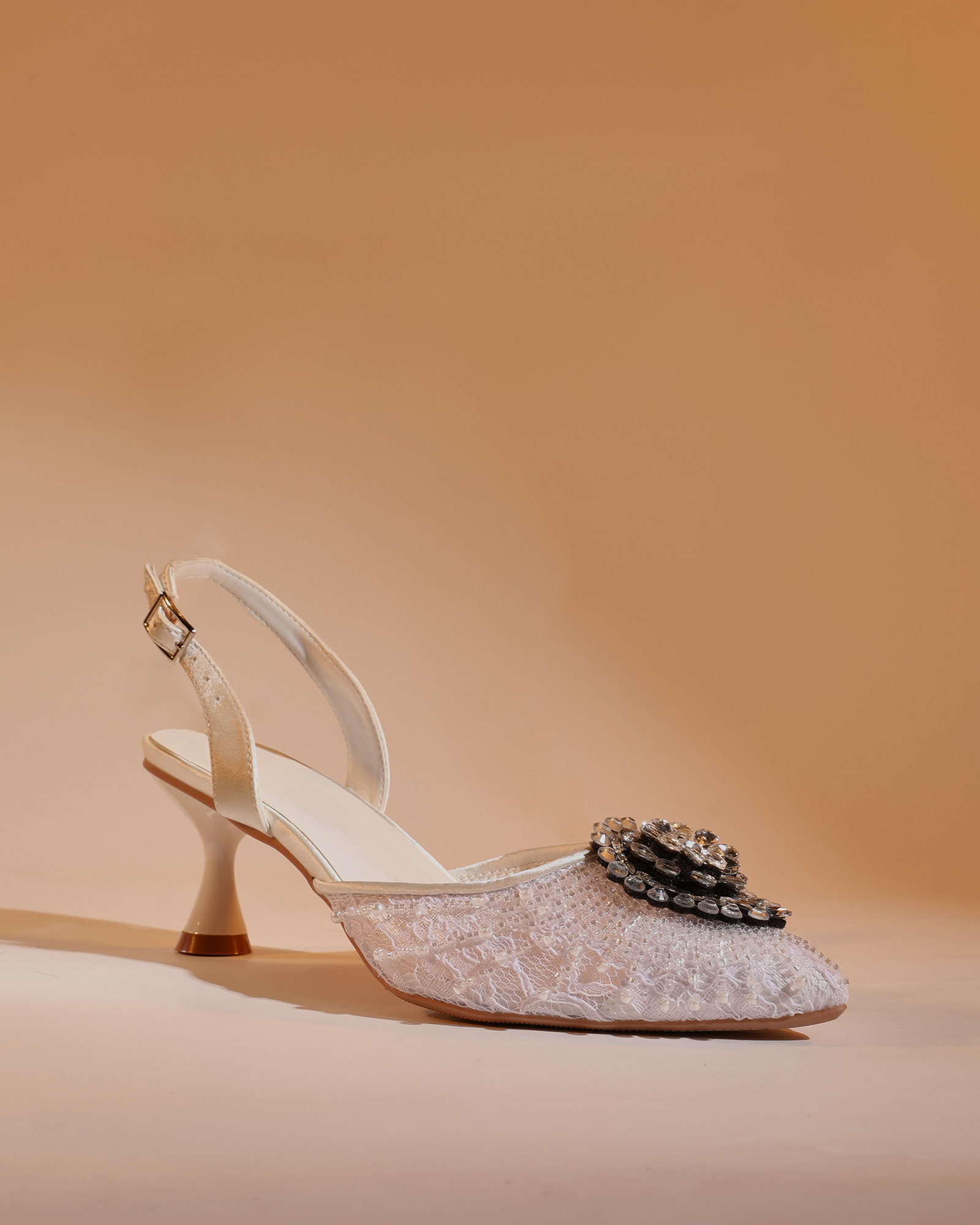 Hadil Rhinestone Slingback Flared Heels in White