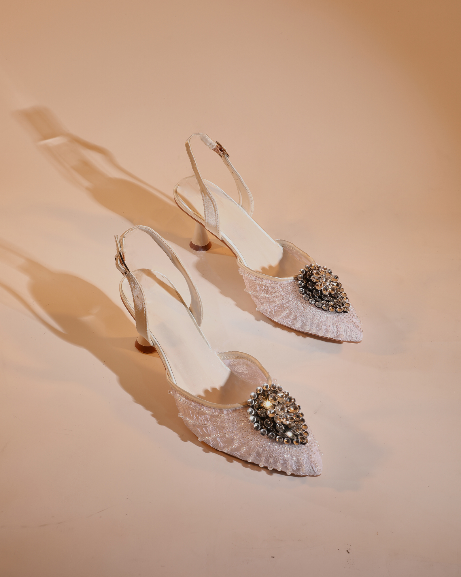 Hadil Rhinestone Slingback Flared Heels in White