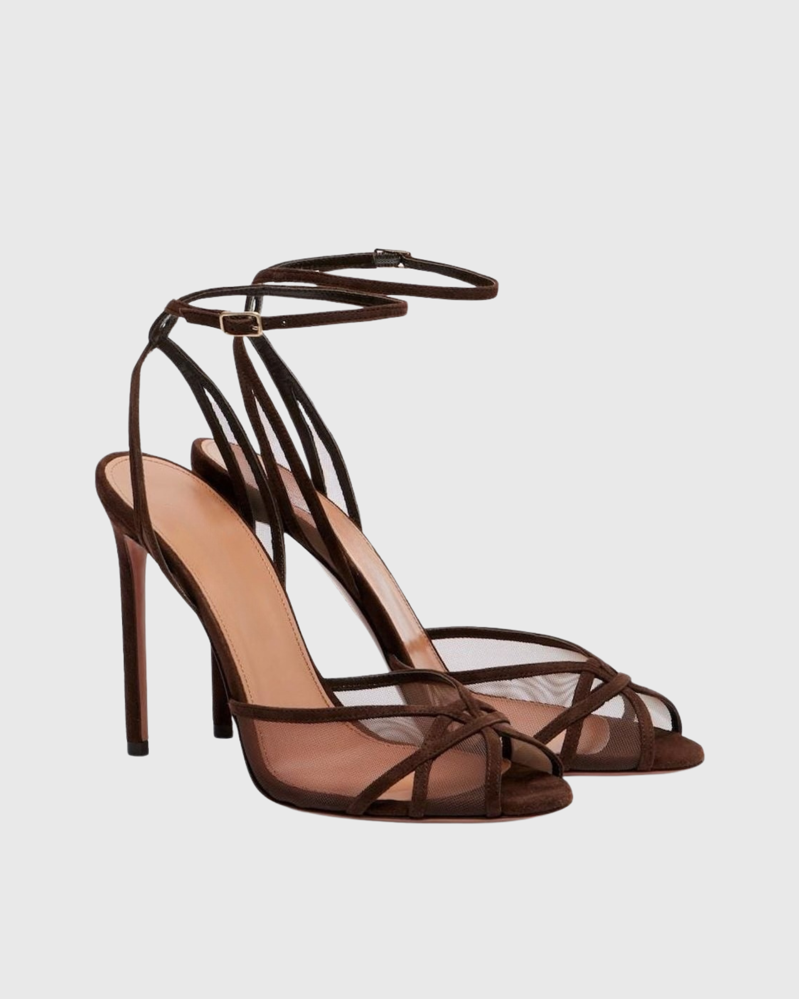 Sunia Peep Toe Mesh Strap Sandals In Brown