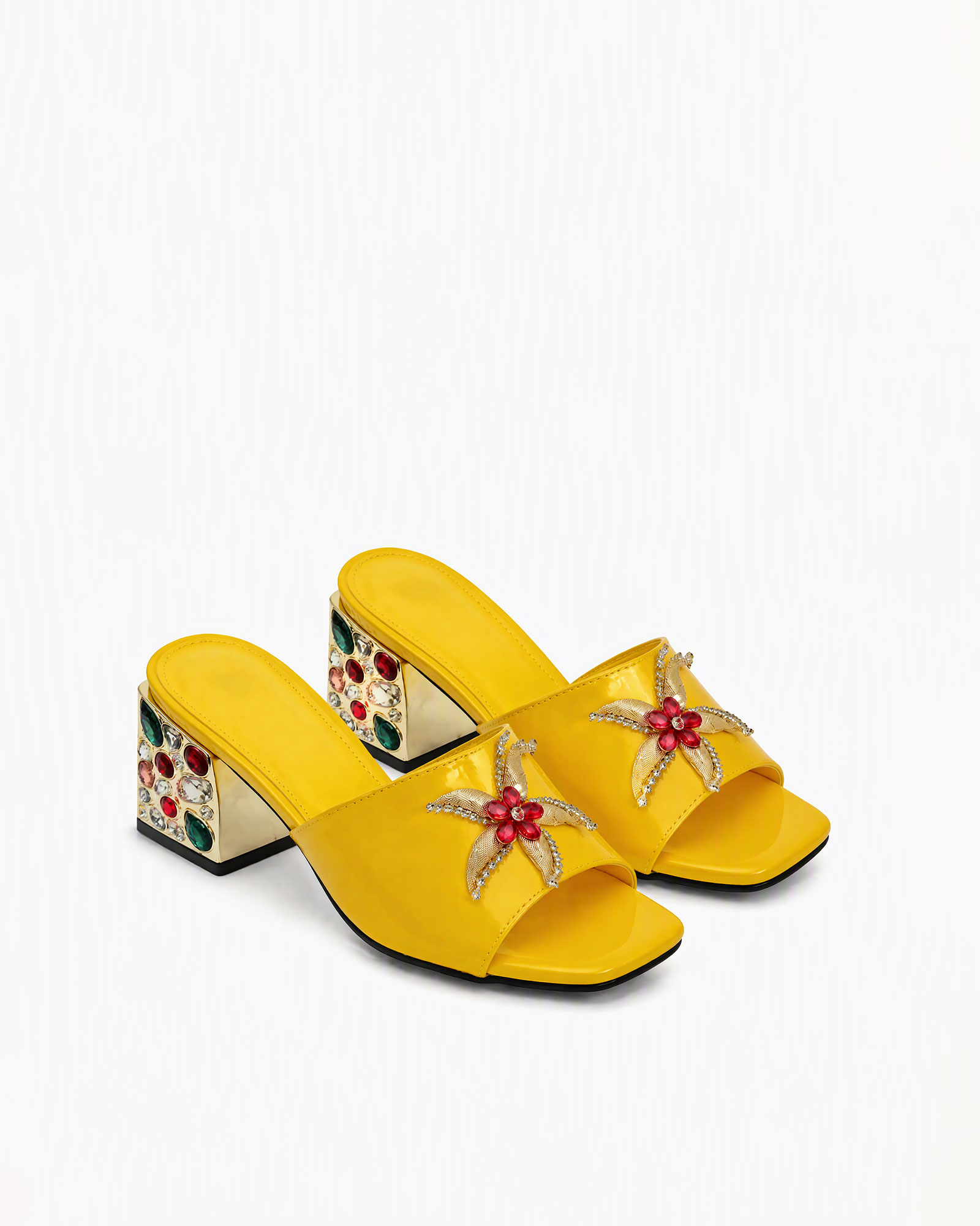 Pahuac Flower Rhinestone Mules In Yellow