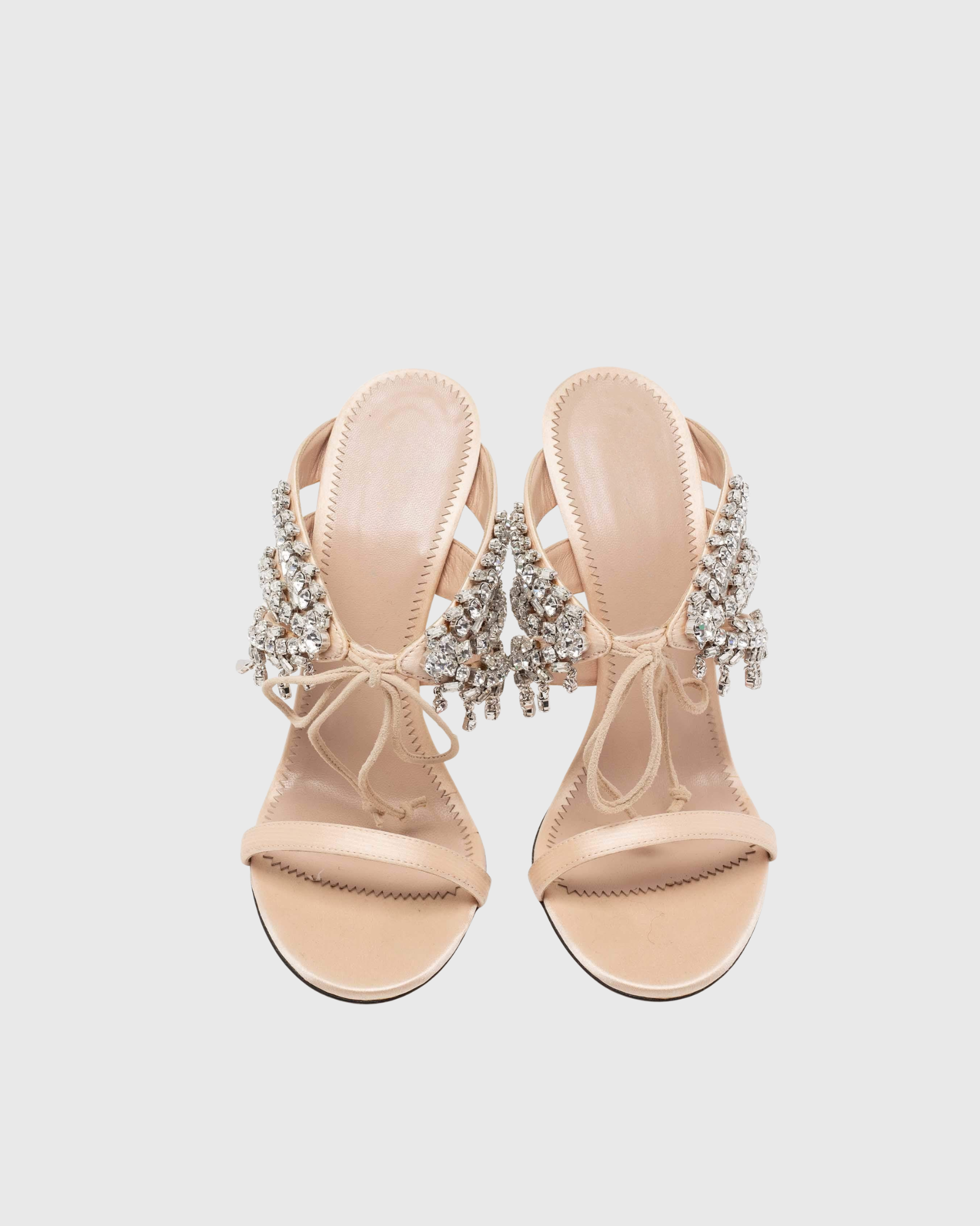 Quinn Ruched Rhinestone Satin Sandals In Beige