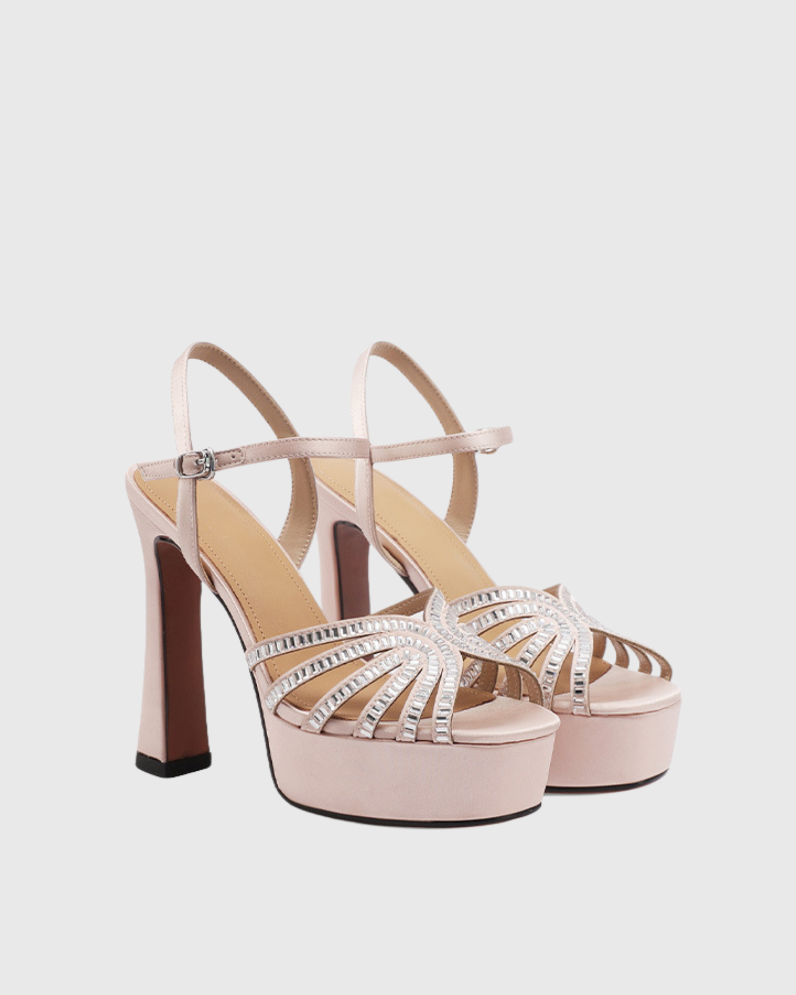 Harper Platform Rhinestone Satin Sandals In Beige