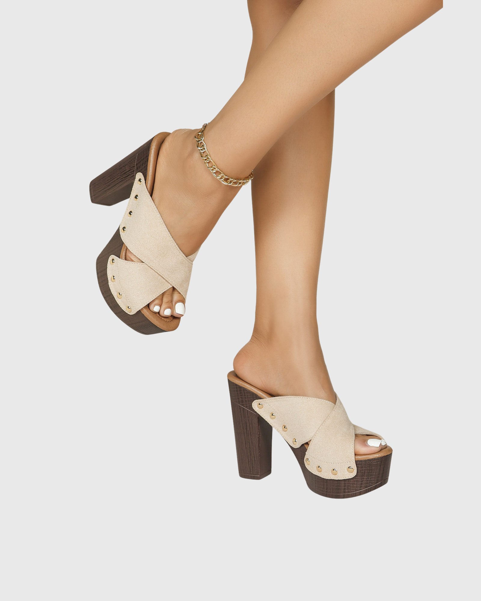 Hartley Studded Cross Strap Clog Wedge Heels In Beige