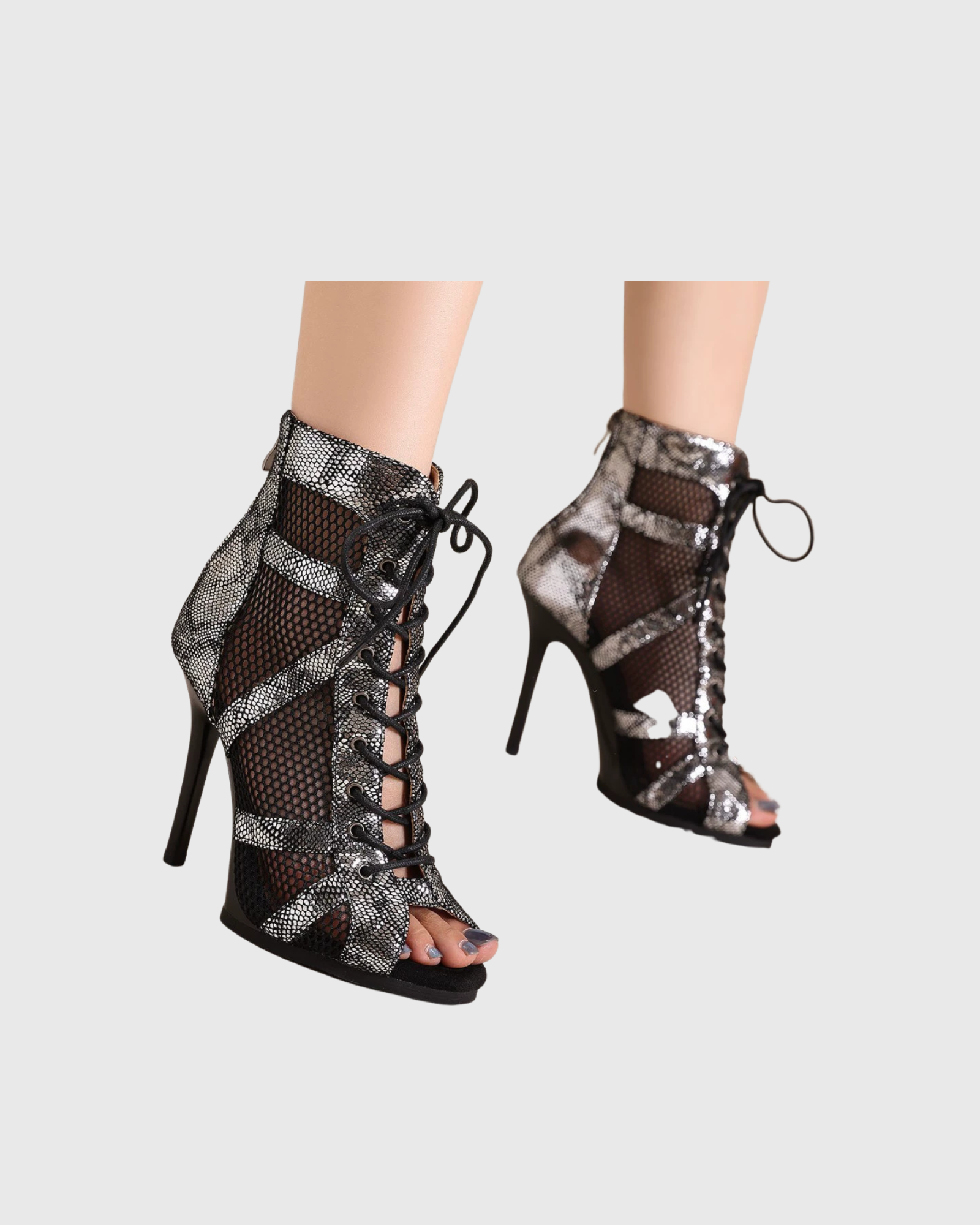 Emilia Mesh Lace Up Open Toe Snake Print Dance Boots