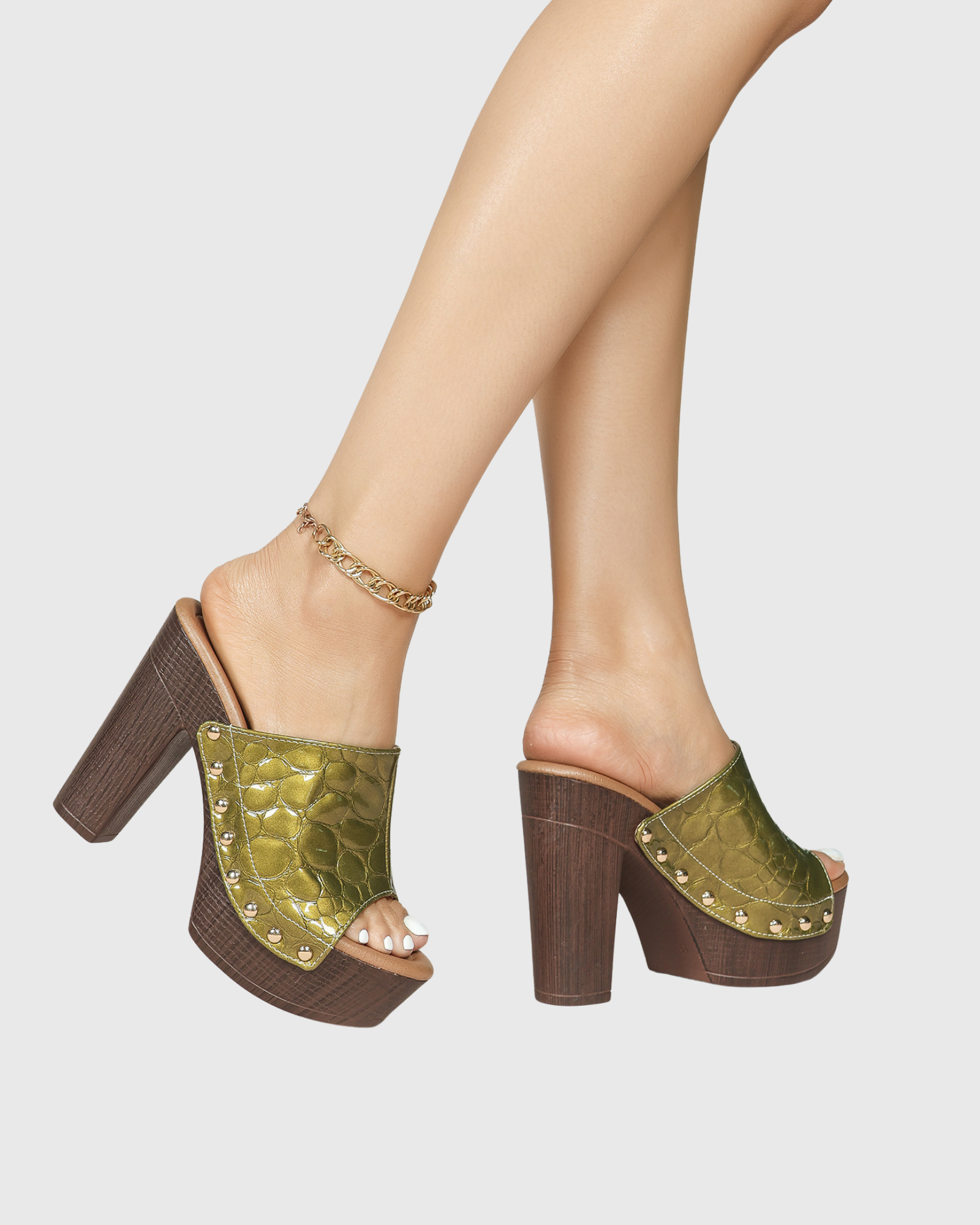 Fiacre Studded Clog Wedge Heels In Olive