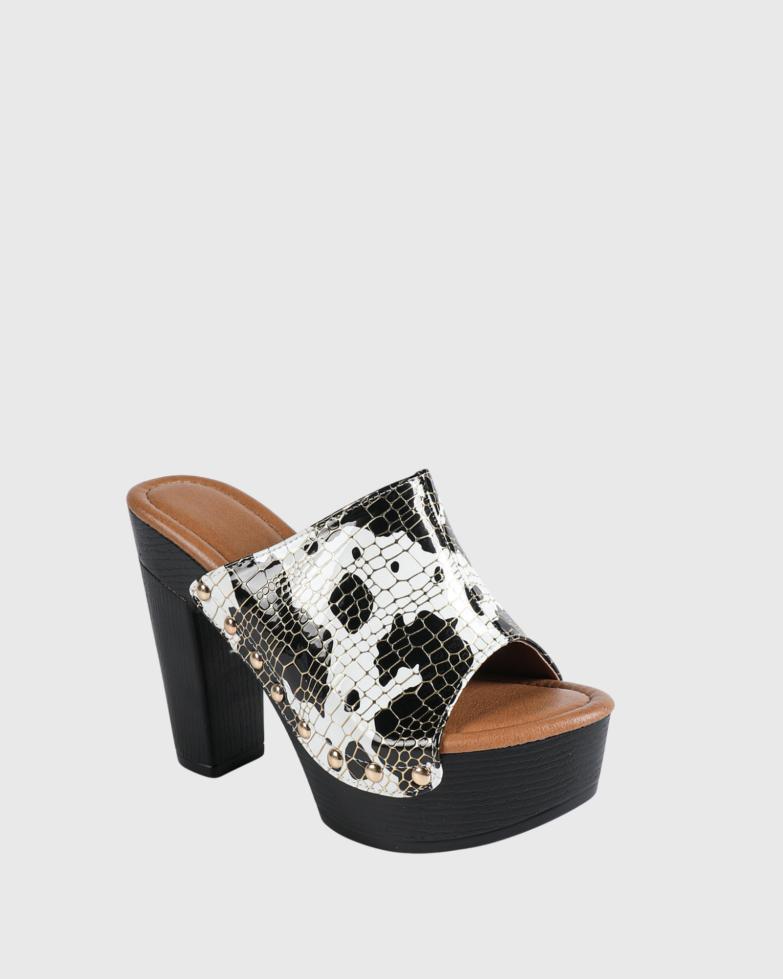 Fiacre Studded Cow Print Clog Wedge Heels In Black & White