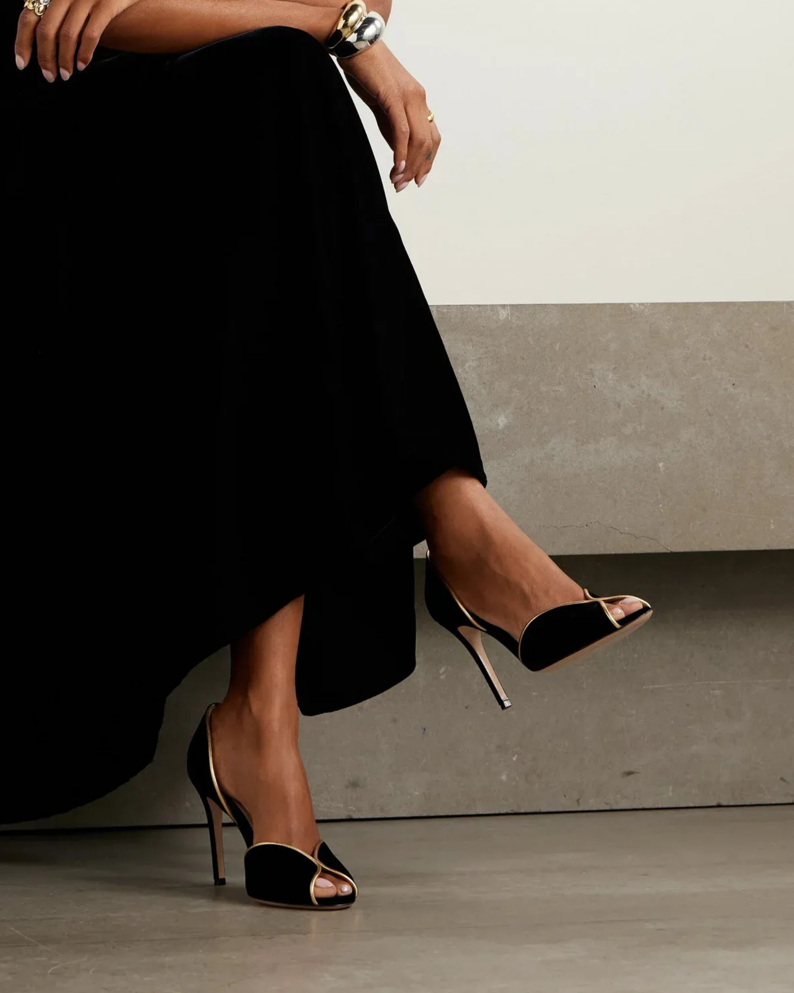 Kabibe Metallic Leather Trimmed Peep Toe Sandals In Black
