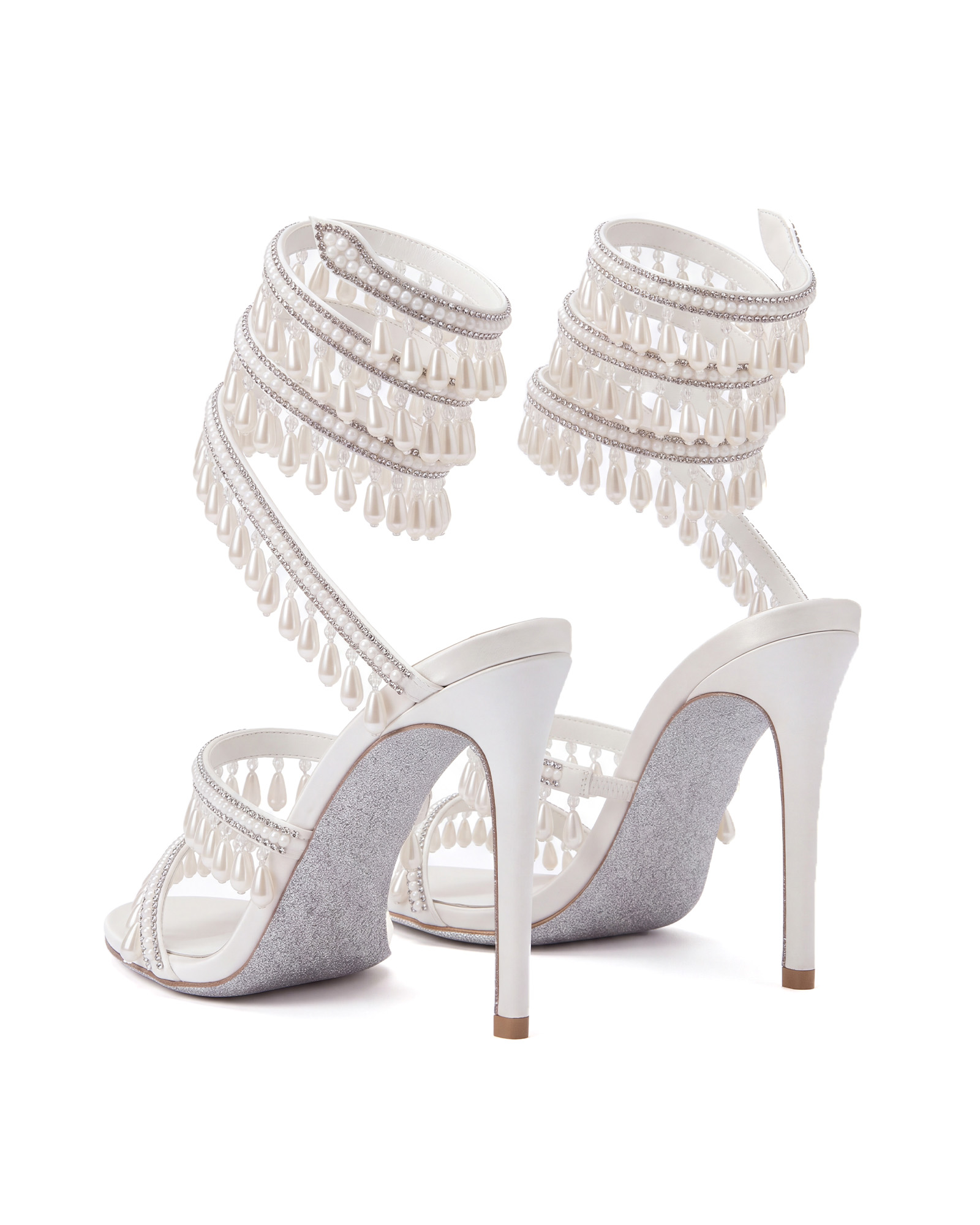 Elisa Rhinestone Fringe Snake Sandals In White
