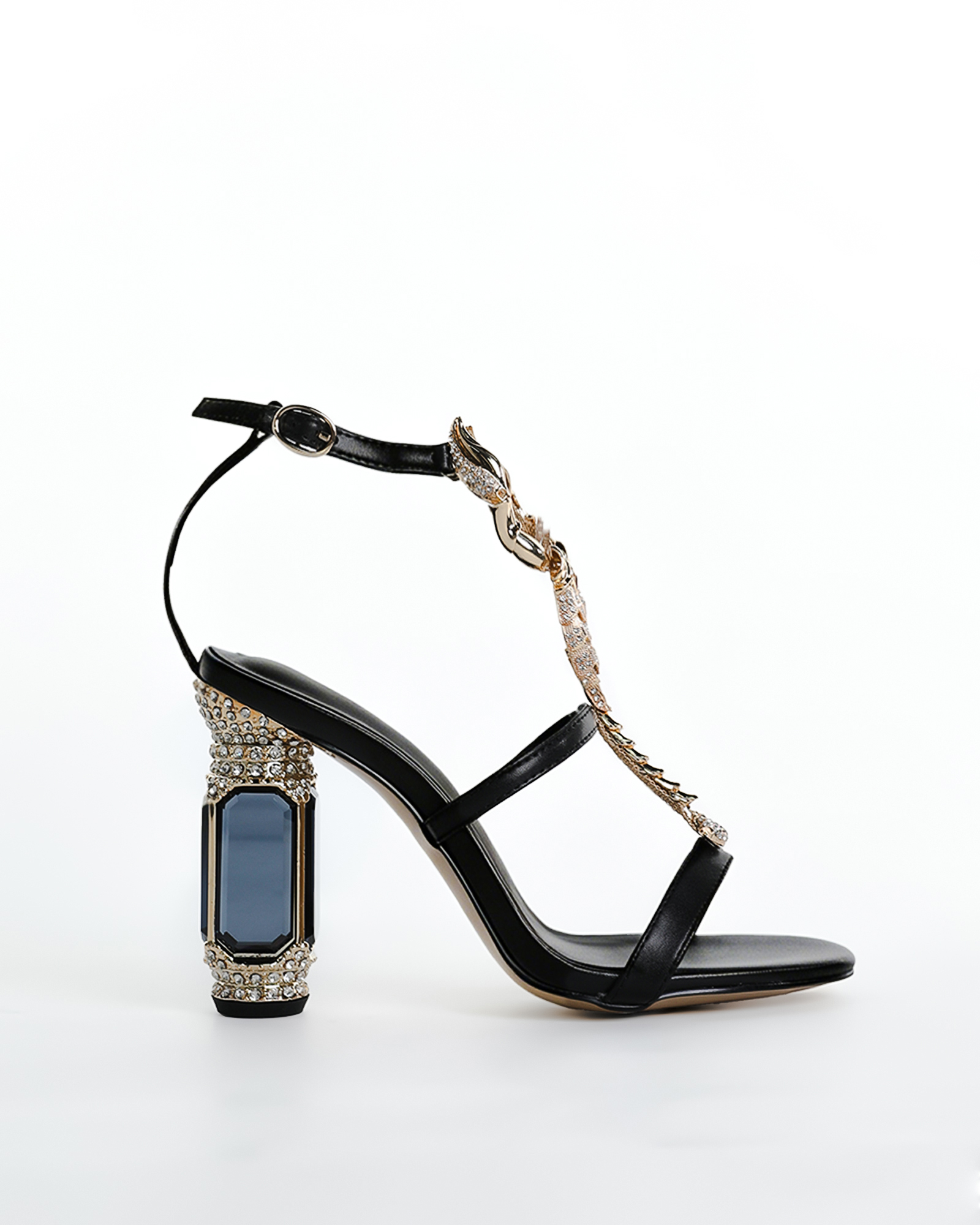 Pia Rhinestone Scorpion Strap Gem Heels In Black