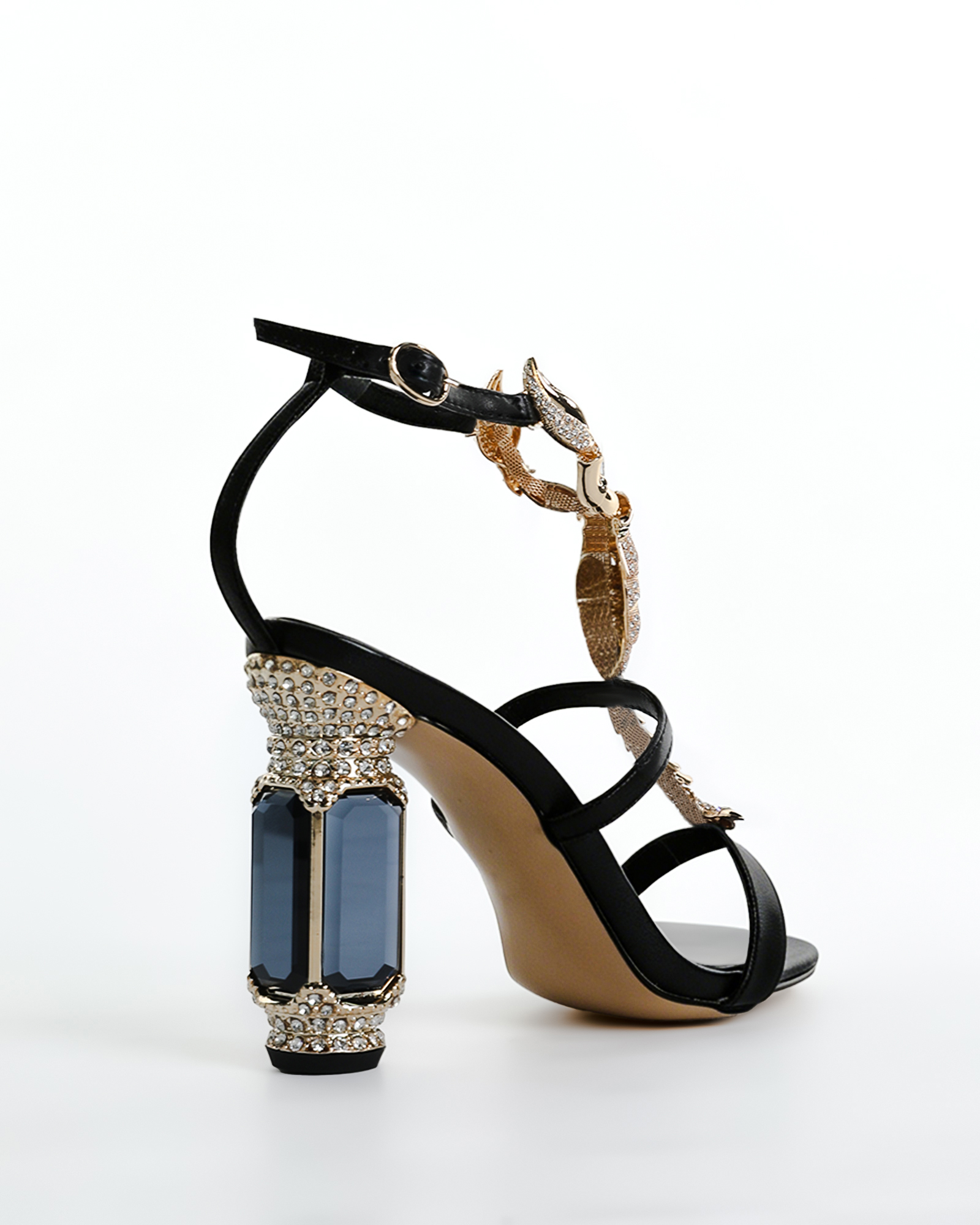 Pia Rhinestone Scorpion Strap Gem Heels In Black