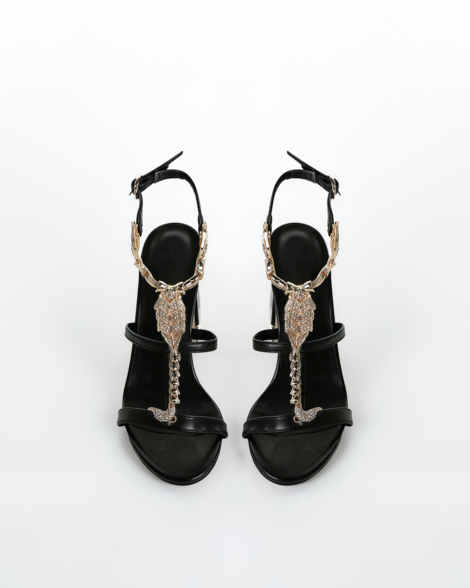 Pia Rhinestone Scorpion Strap Gem Heels In Black
