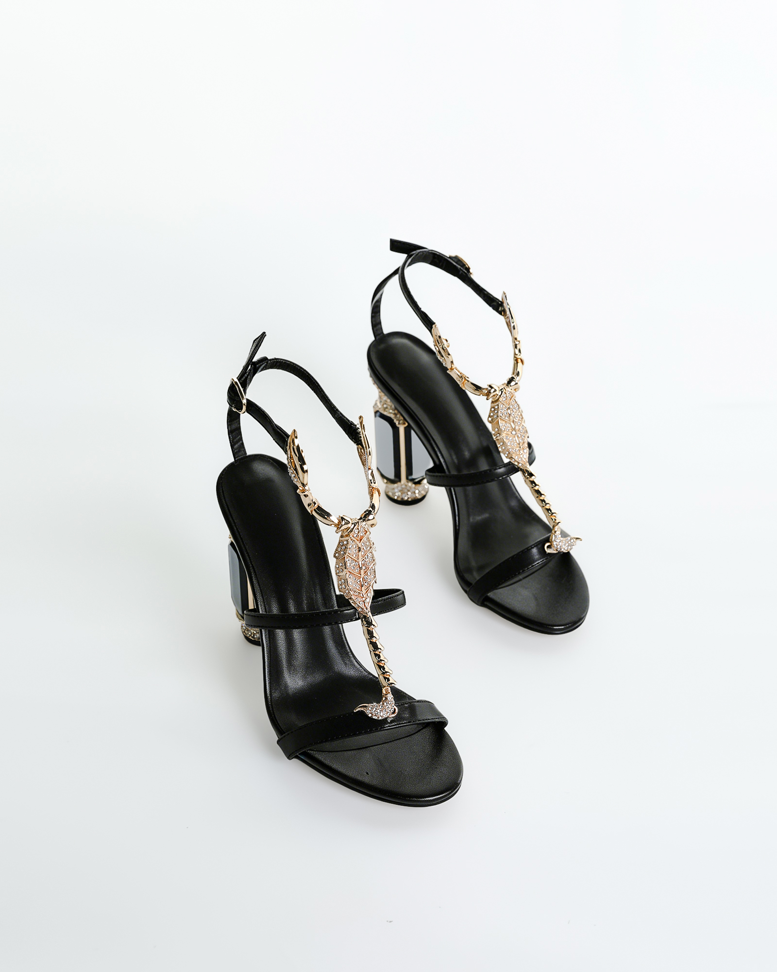 Pia Rhinestone Scorpion Strap Gem Heels In Black